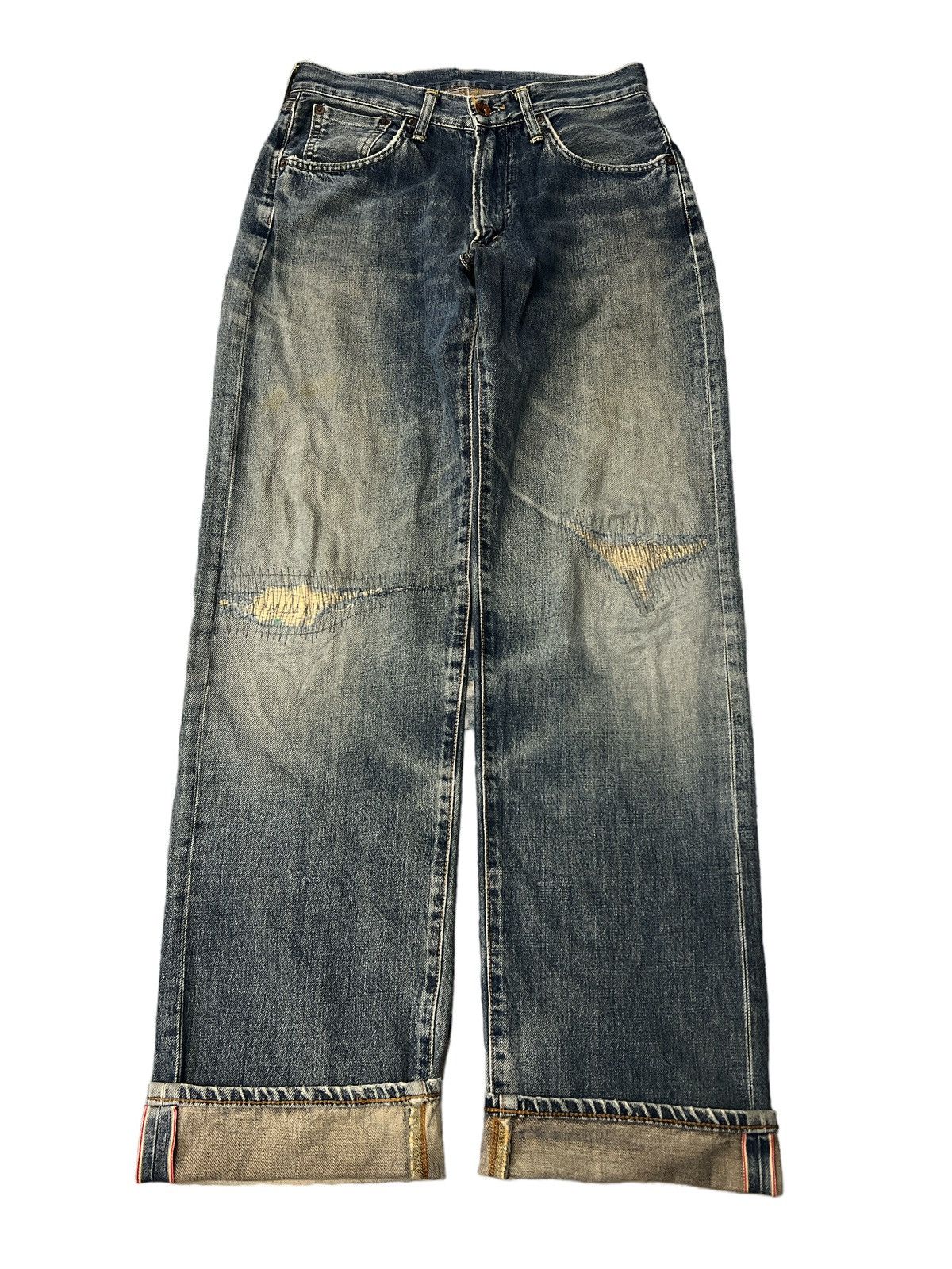 image of Avant Garde x Vintage Thrashed Edwin 505 Salvage Distressed Denim Pant in Blue, Men's (Size 28)