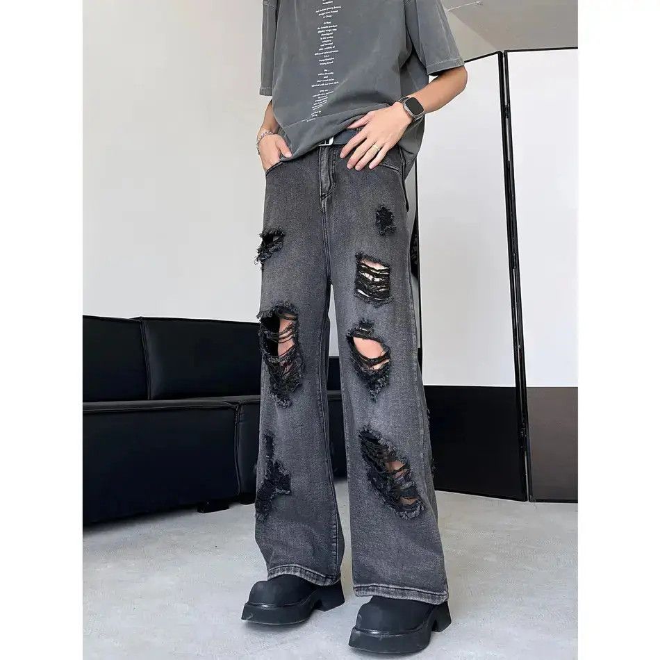 Japanese Brand Retro straight leg wide leg ripped jeans Size US 32 / EU 48 - 5 Thumbnail