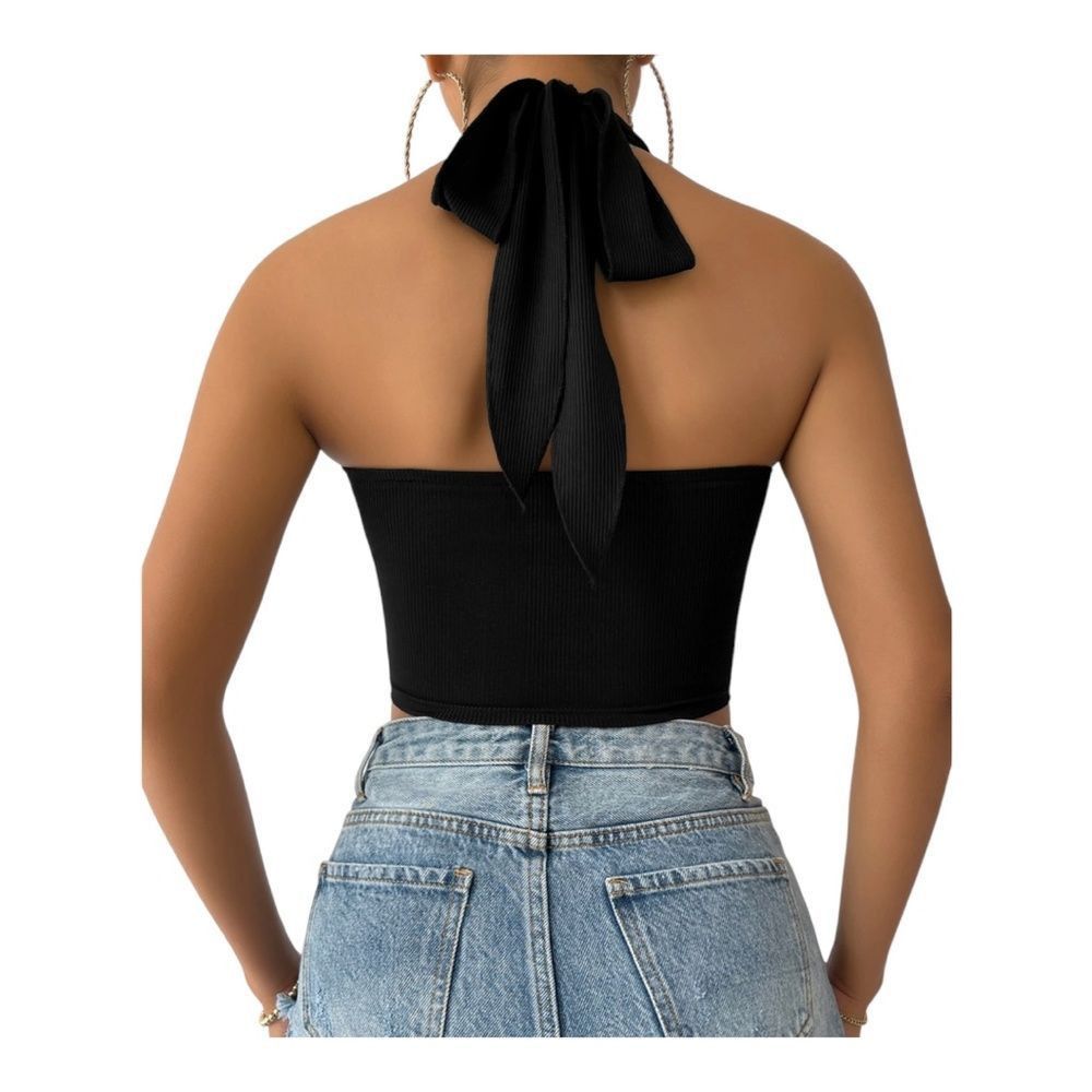 Shein SHEIN Black Twist Front Cut Out Crop Halter Top - Size S (NW Size S / US 4 / IT 40 - 3 Thumbnail