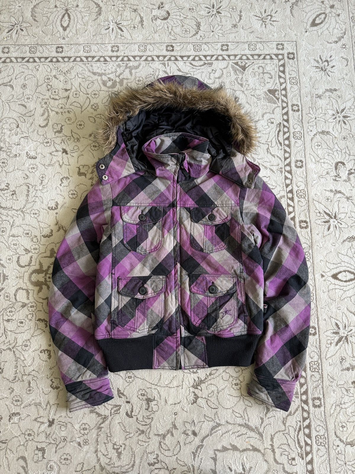 Hysteric Glamour Vintage Fur Hood Plaid Canvas Crop Jacket Punk Goth Emo Y2K Size S / US 4 / IT 40 - 2 Thumbnail