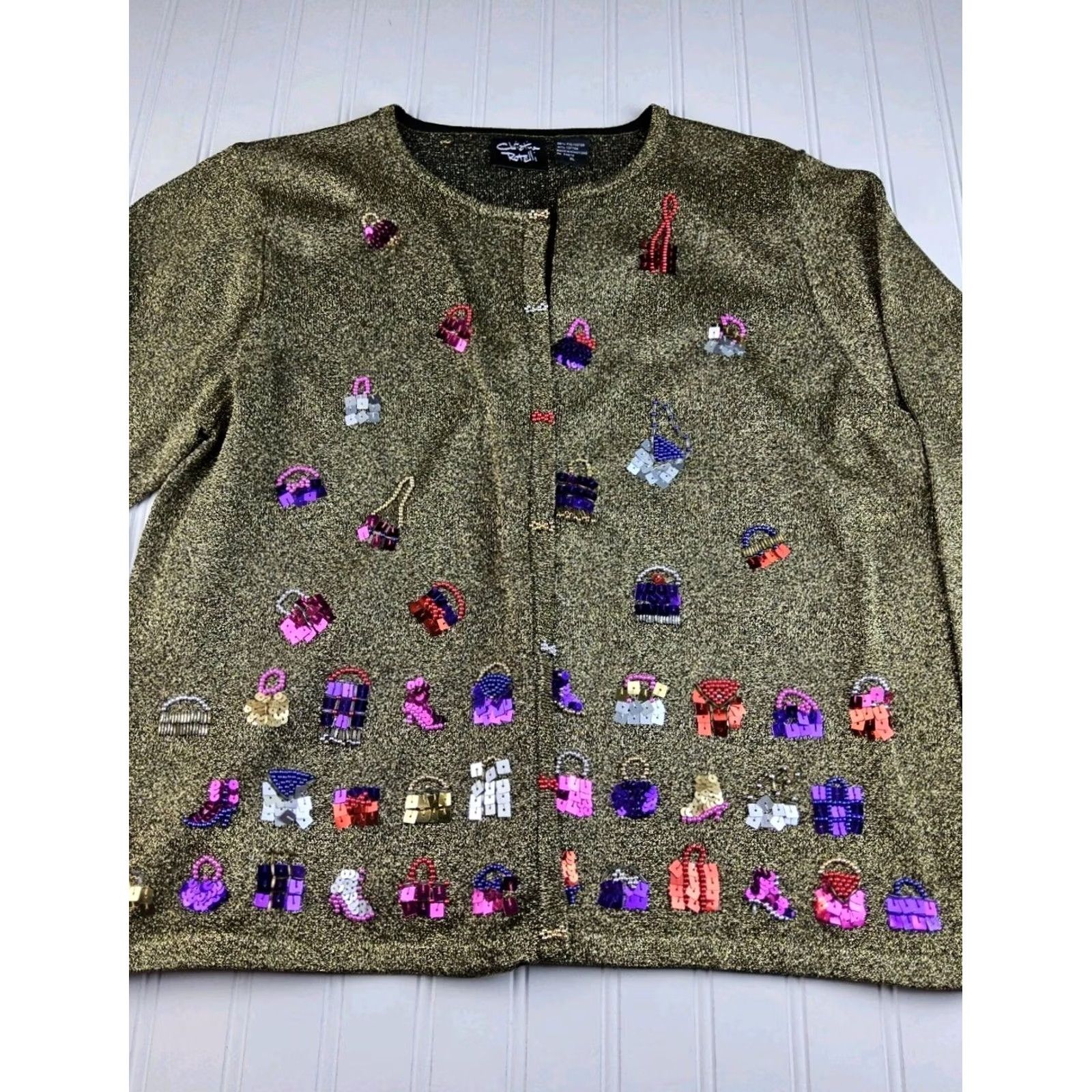 Vintage VINTAGE Christina Rotelli Cardigan XL Gold Metallic Beaded Sequins Purses Shoes Womens Size XL / US 12-14 / IT 48-50 - 4 Thumbnail