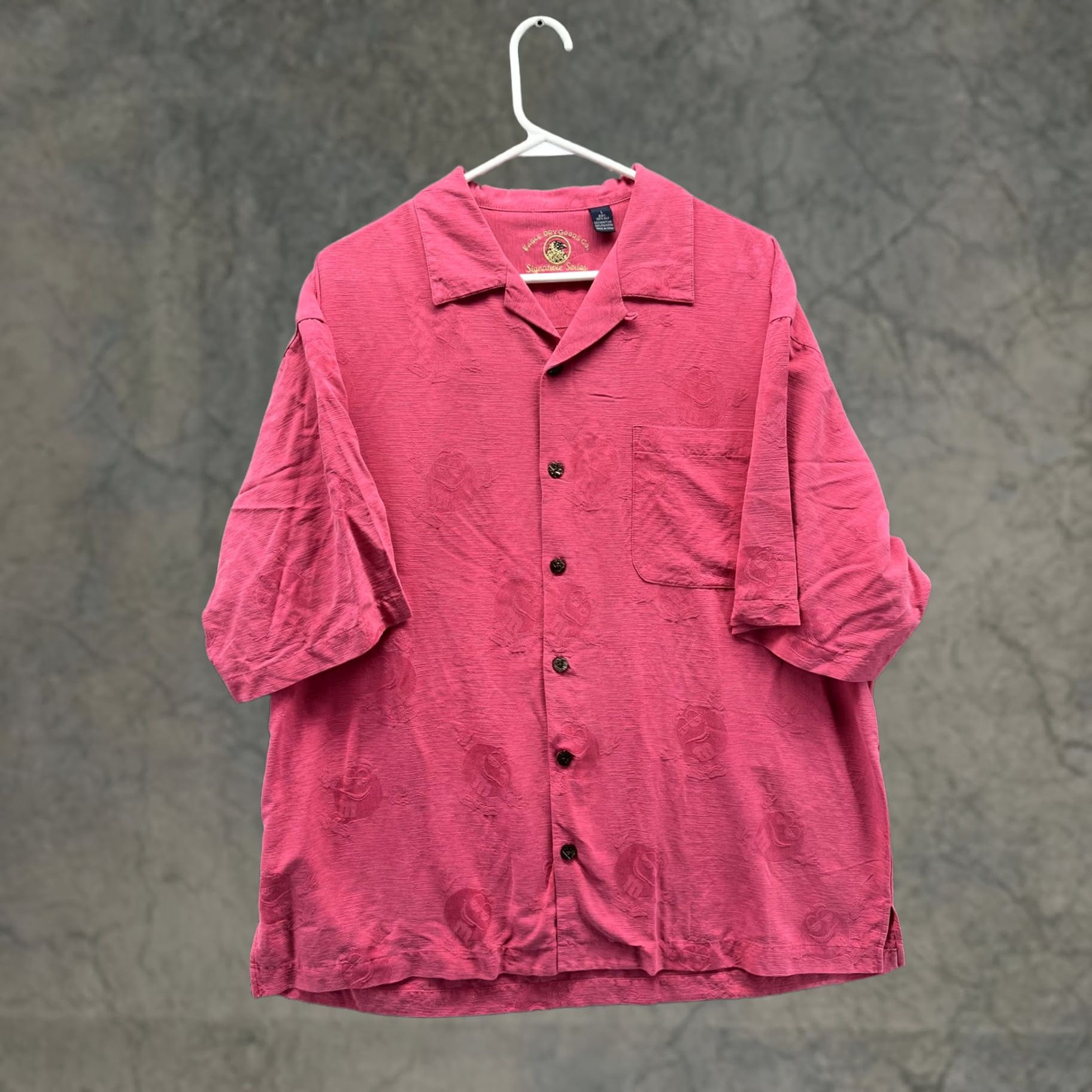 Vintage Eagle Dry Goods Co. M&M's Hawaiian Shirt Mens Large Pink Button Front Camp Casual Size US L / EU 52-54 / 3 - 1 Thumbnail