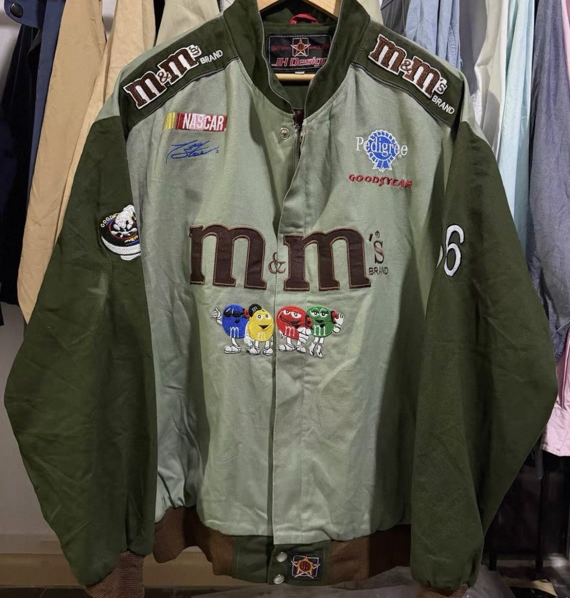 JH Design Vintage Style M&M’s NASCAR Racing Jacket (Remade) – Green Size US XL / EU 56 / 4 - 1 Thumbnail