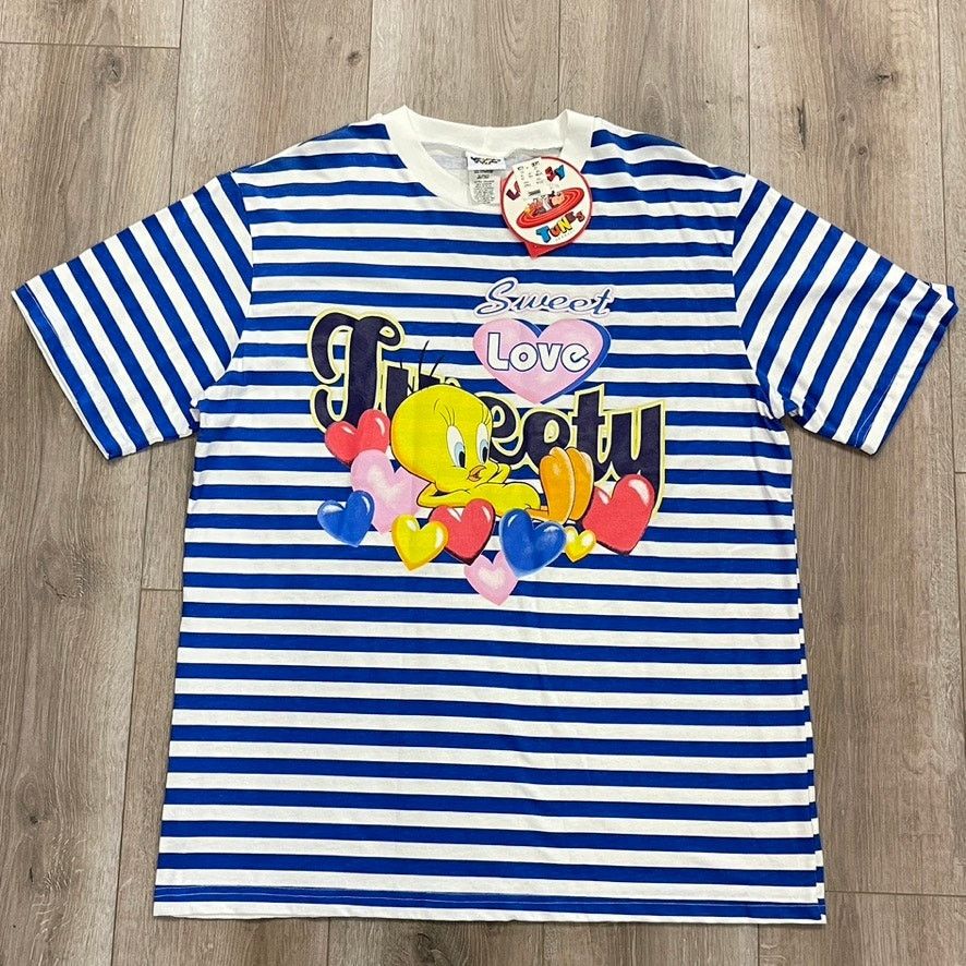 Vintage × Warner Bros Vintage 90s Tweety Striped Tee T Shirt Size XL White Blue Size US XL / EU 56 / 4 - 1 Thumbnail