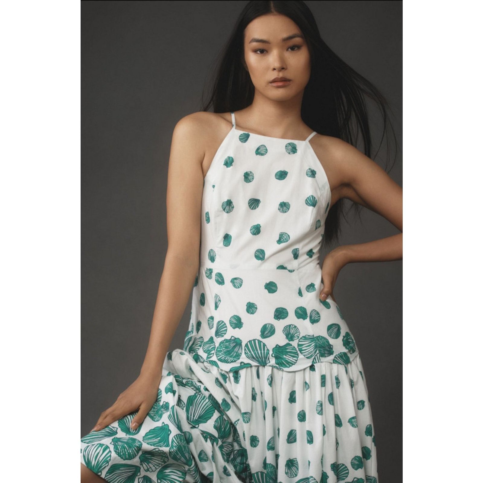 Anthropologie NWT Maeve Halter Tiered Maxi Dress $188 LARGE White Green Size L / US 10 / IT 46 - 2 Thumbnail