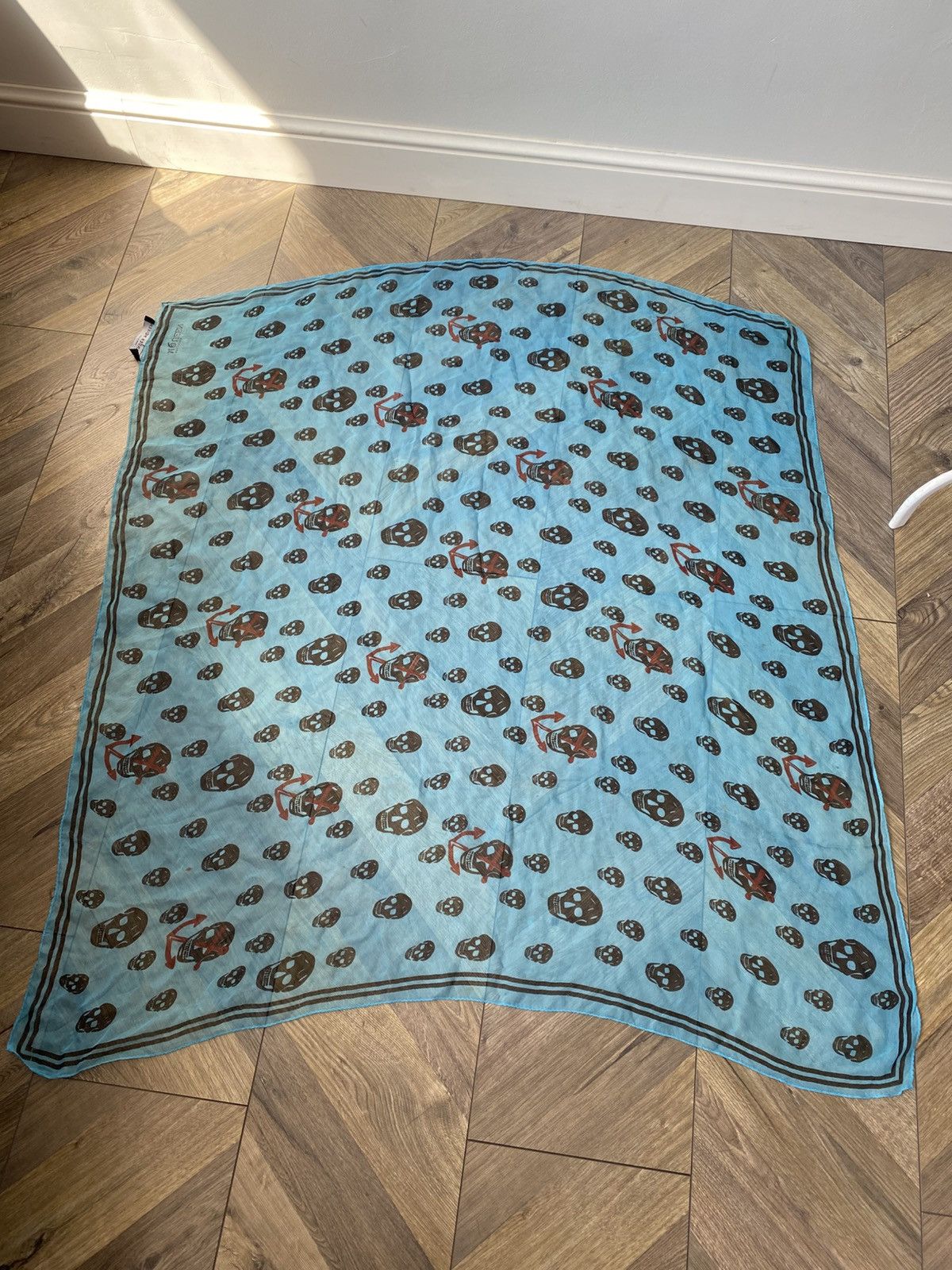 Vintage Alexander McQueen silk sky blue skull scarf