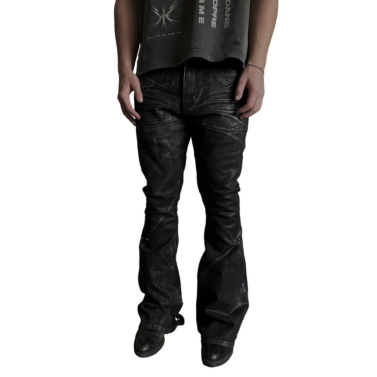 ★ COLLETT, Crackle Waxed Paneled Denim Bootcut Flared Denim