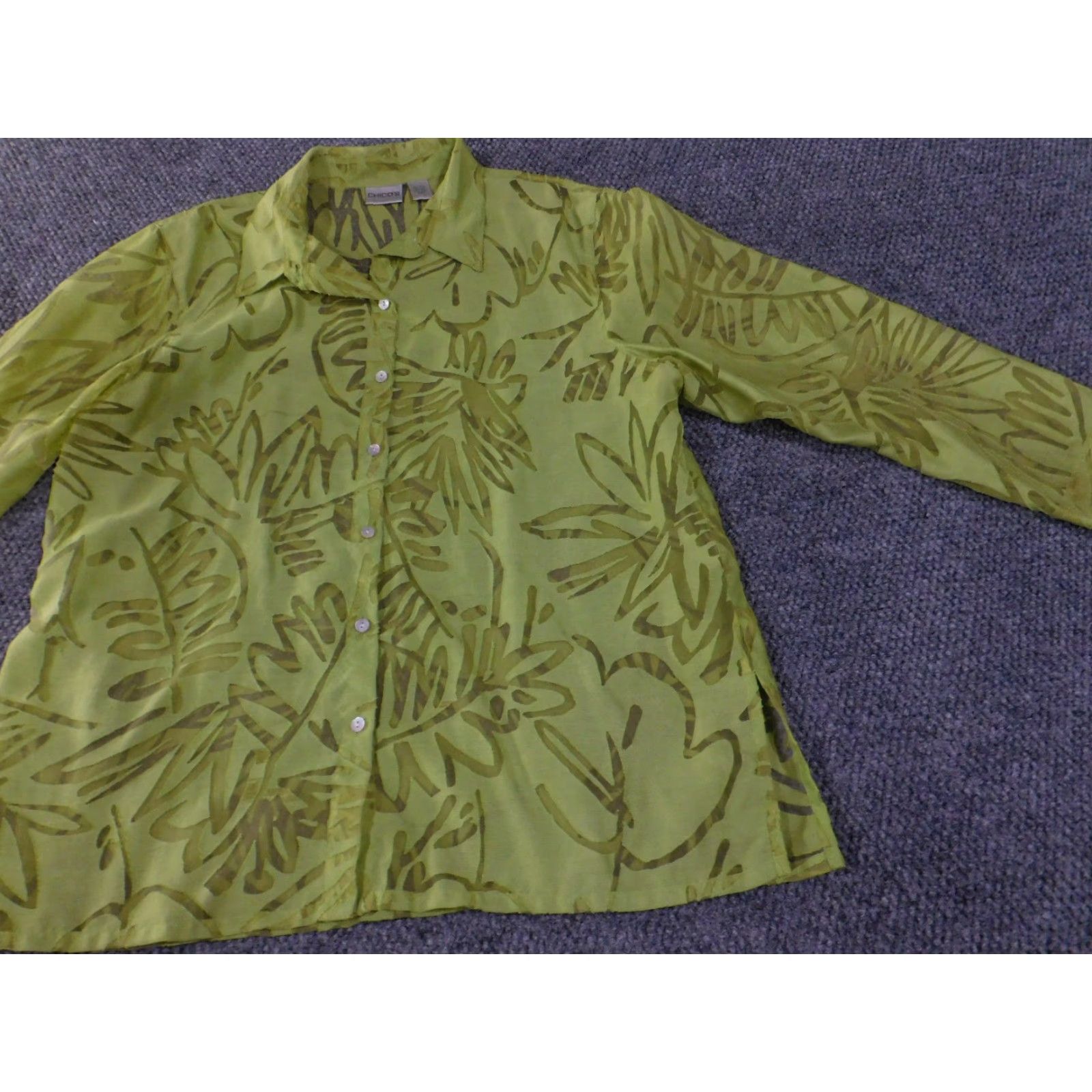 Vintage Chicos Blouse Womens 3 Green Button Front Sheer Floral Leaf Print Rayon Linen Size XS / US 0-2 / IT 36-38 - 3 Thumbnail