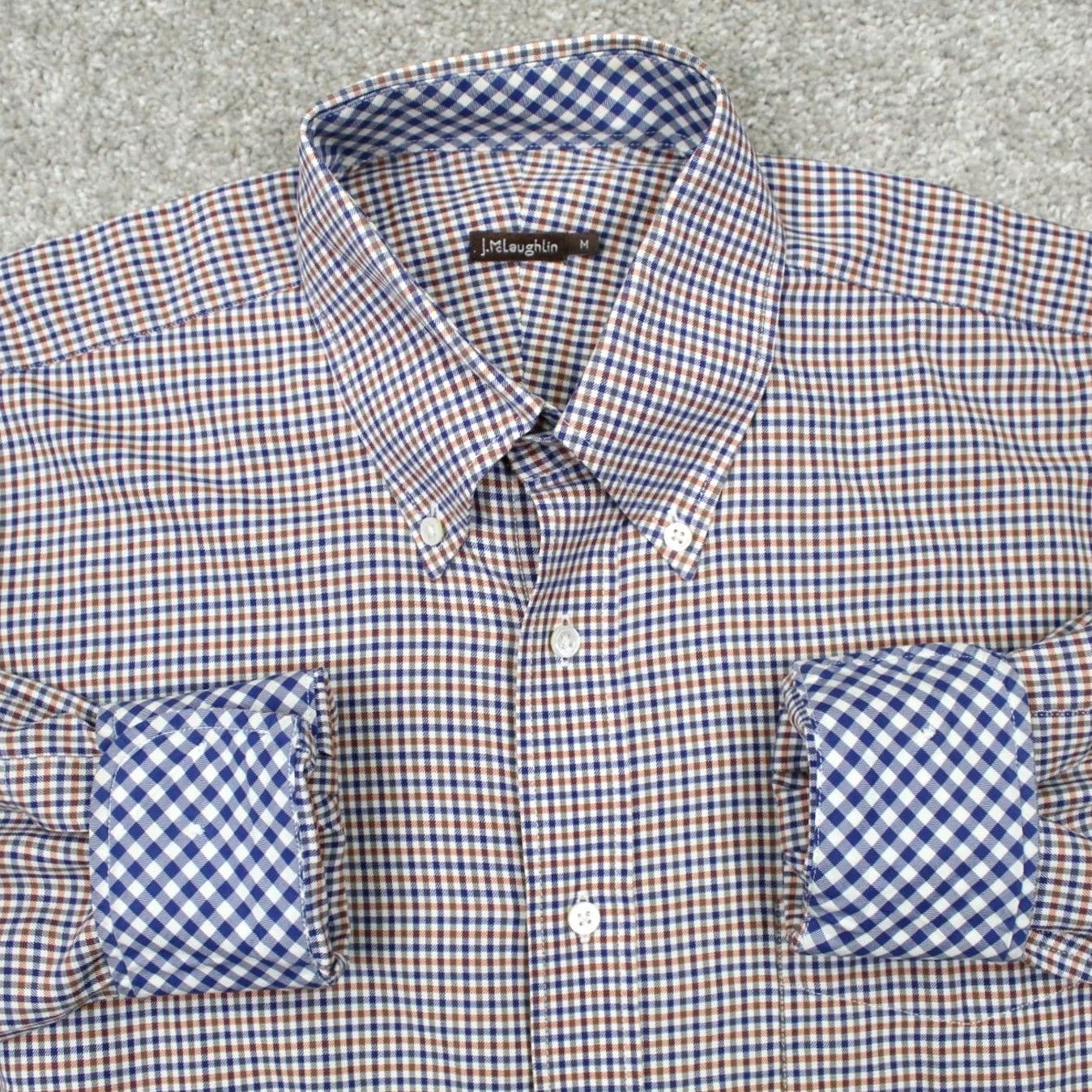 J.McLaughlin J McLaughlin Shirt Mens Medium Blue/Orange Flip Cuff Long Sleeve Button-Up Plaid Cotton Classic Preppy Modern Comfort Men’s Regular Blue Size US M / EU 48-50 / 2 - 2 Thumbnail