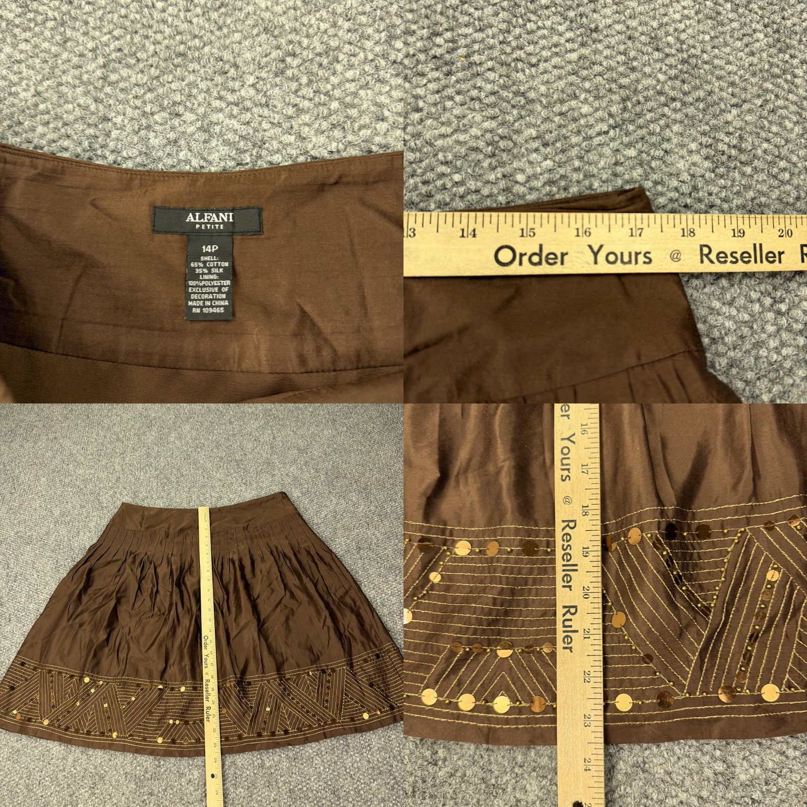 Alfani Alfani Skirt Womens 14P Brown Cotton Silk Sequin Embroidered A Line Petite Geometric Knee Length Vintage: No (Wait) Size 36" / US 14 / IT 50 - 8 Thumbnail