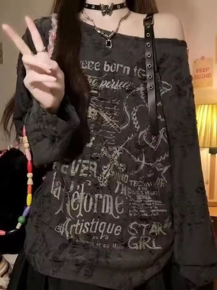 Japanese Brand Grunge Distressed Off-Shoulder Graphic Longsleeve Size XL / US 12-14 / IT 48-50 - 5 Thumbnail