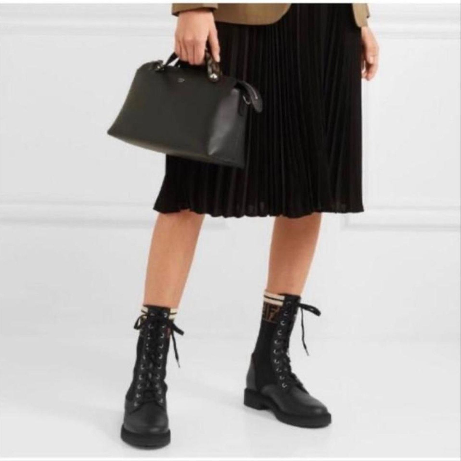 Fendi Rockoko FF logo jacquard stretch knit leather biker boots Size US 11.5 / IT 41.5 - 3 Thumbnail