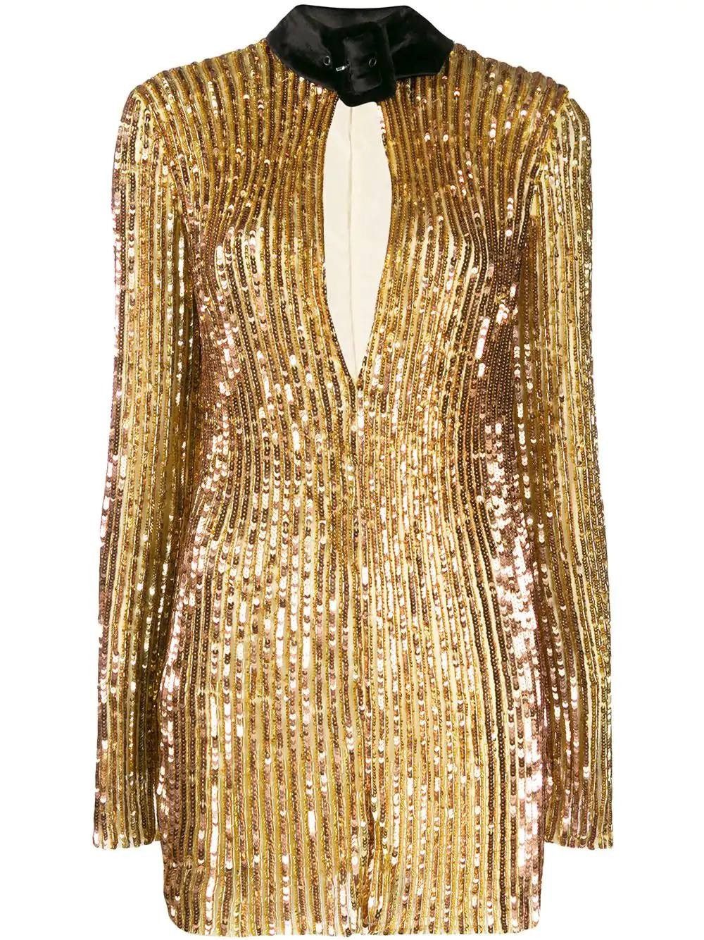 image of The Attico Sequined Mini Dress With Velvet Collar in Gold, Women's (Size Small)