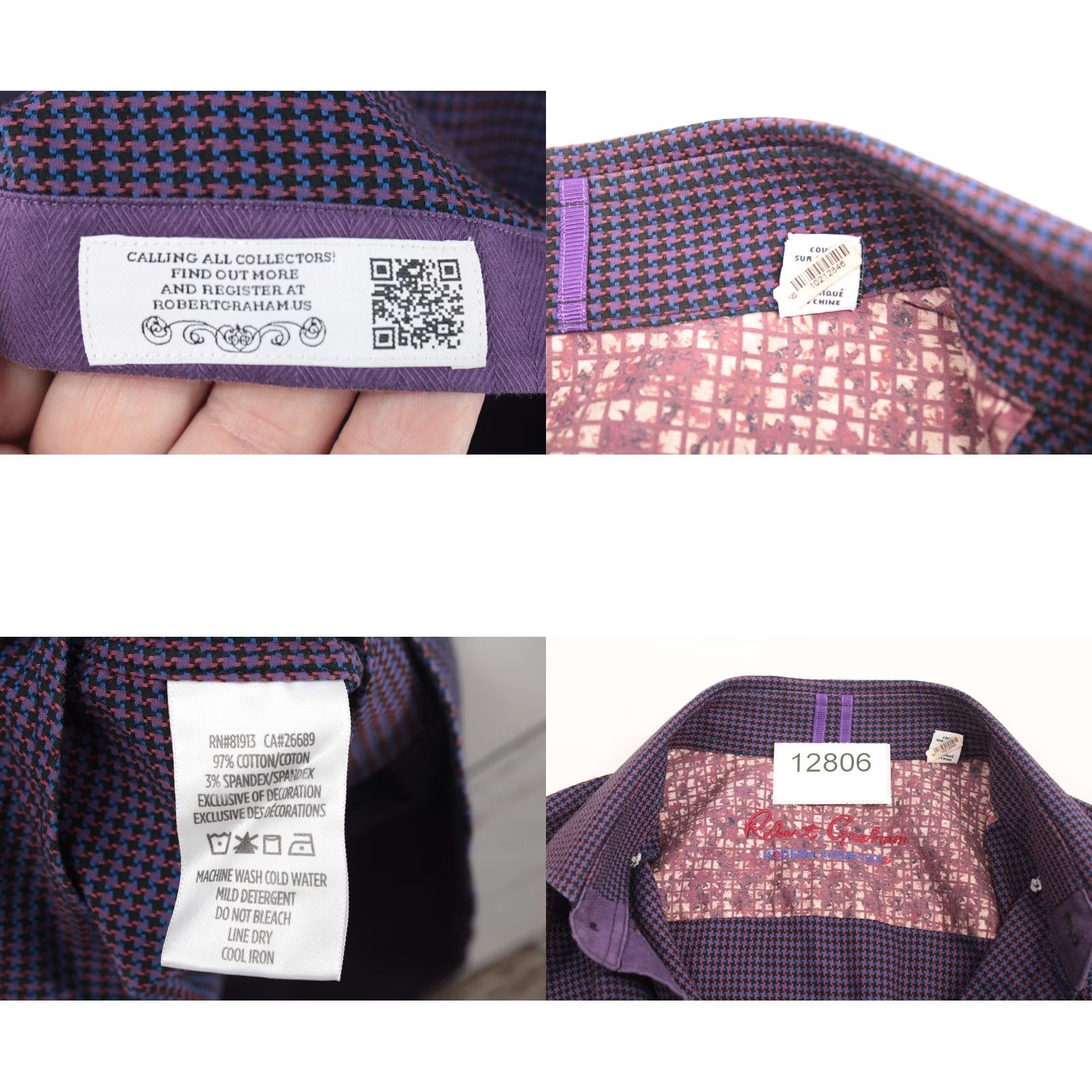 Robert Graham Robert Graham Shirt Mens Medium Tailored Purple Houndstooth Long Sleeve Button-Front Size US M / EU 48-50 / 2 - 8 Thumbnail