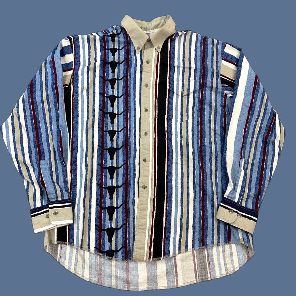 Wrangler VINTAGE Wrangler Western Shirt Mens XL Blue Striped Longhorn Cowboy Rodeo 90s Size US XL / EU 56 / 4 - 1 Thumbnail