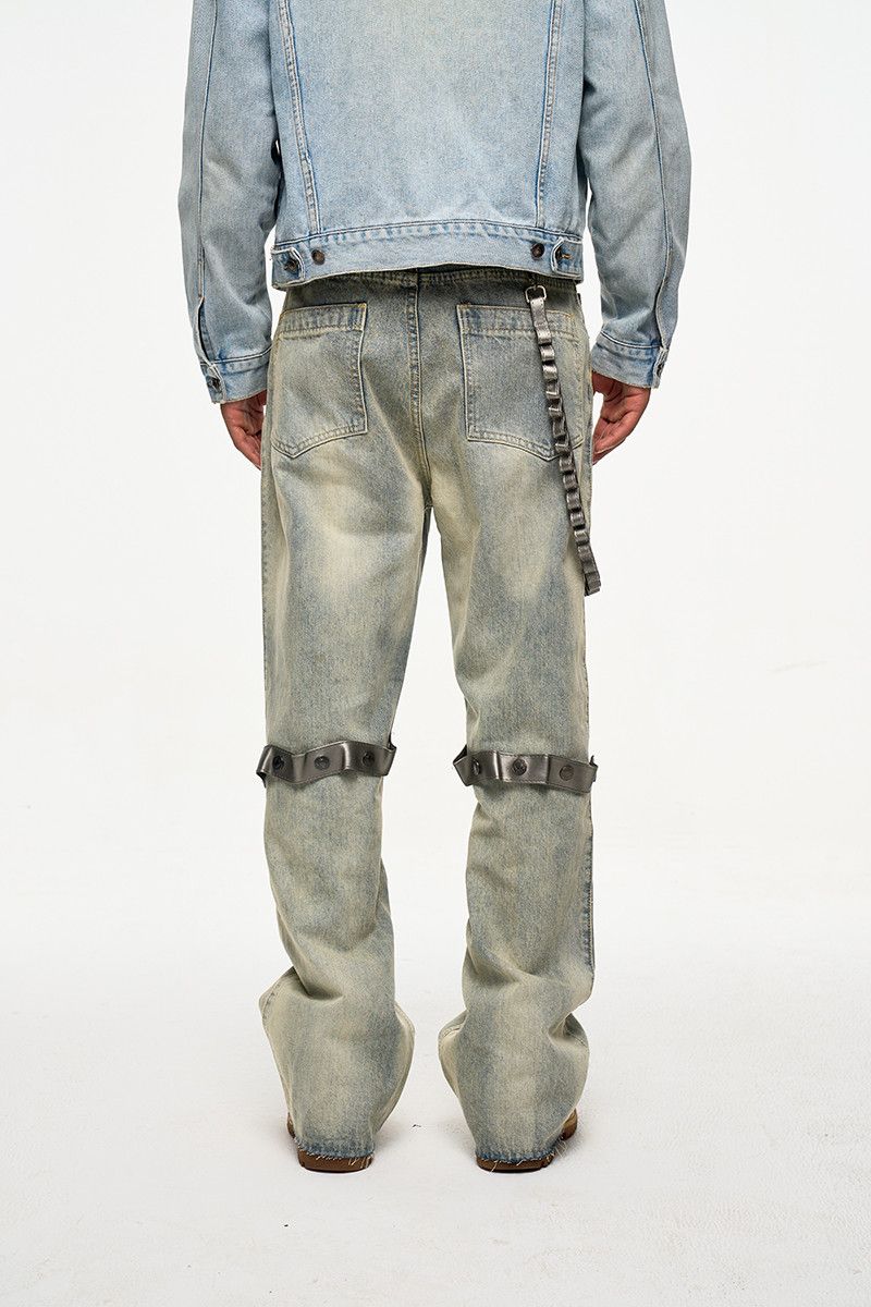 Leather × Vintage Raw Hem Rustic Burr Jeans Removable Leather Strap Size US 33 - 4 Thumbnail