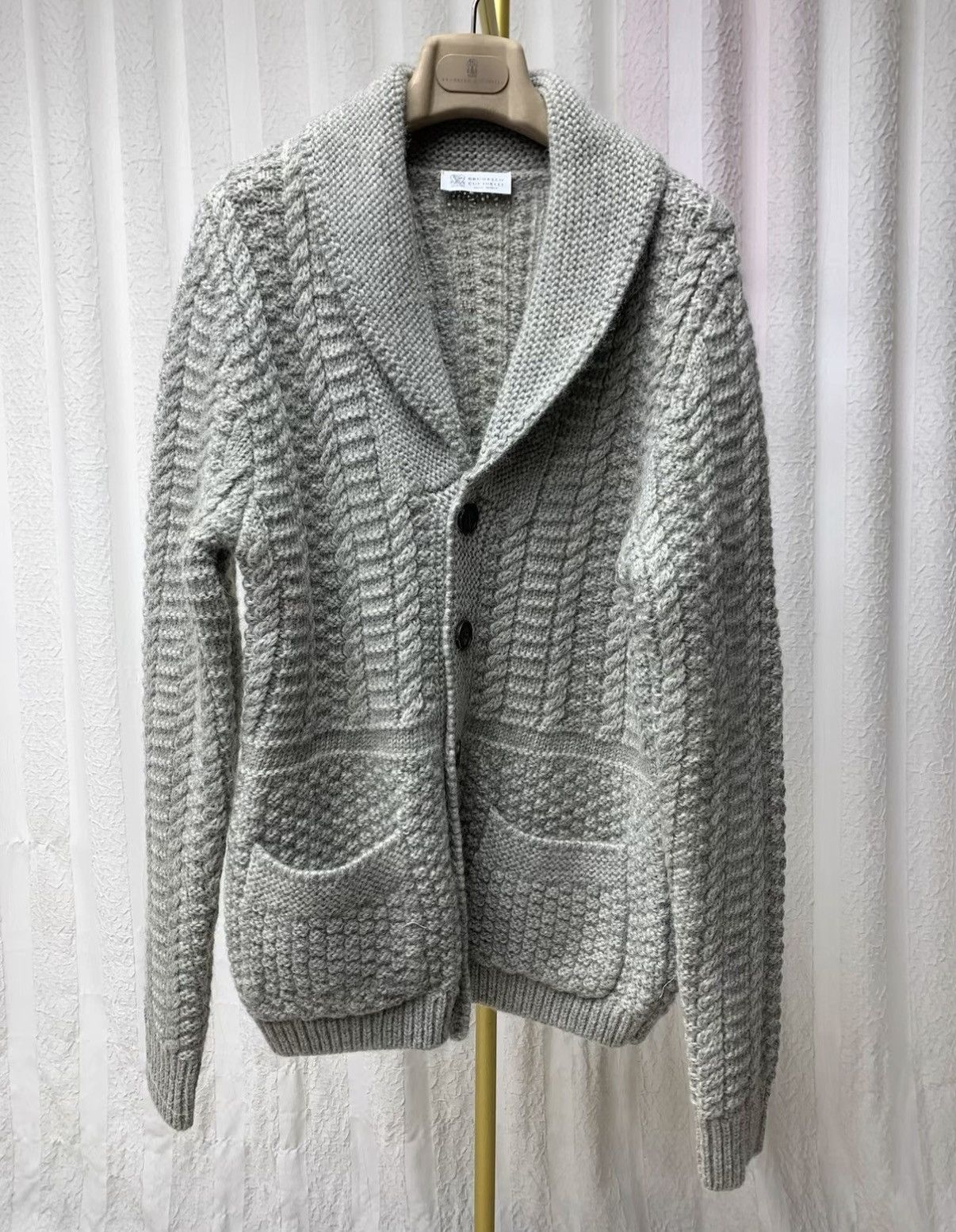 Brunello Cucinelli BRUNELLO CUCINELLI Grey Shawl Collar Cable Knit Heavyweight Size US M / EU 48-50 / 2 - 9 Thumbnail