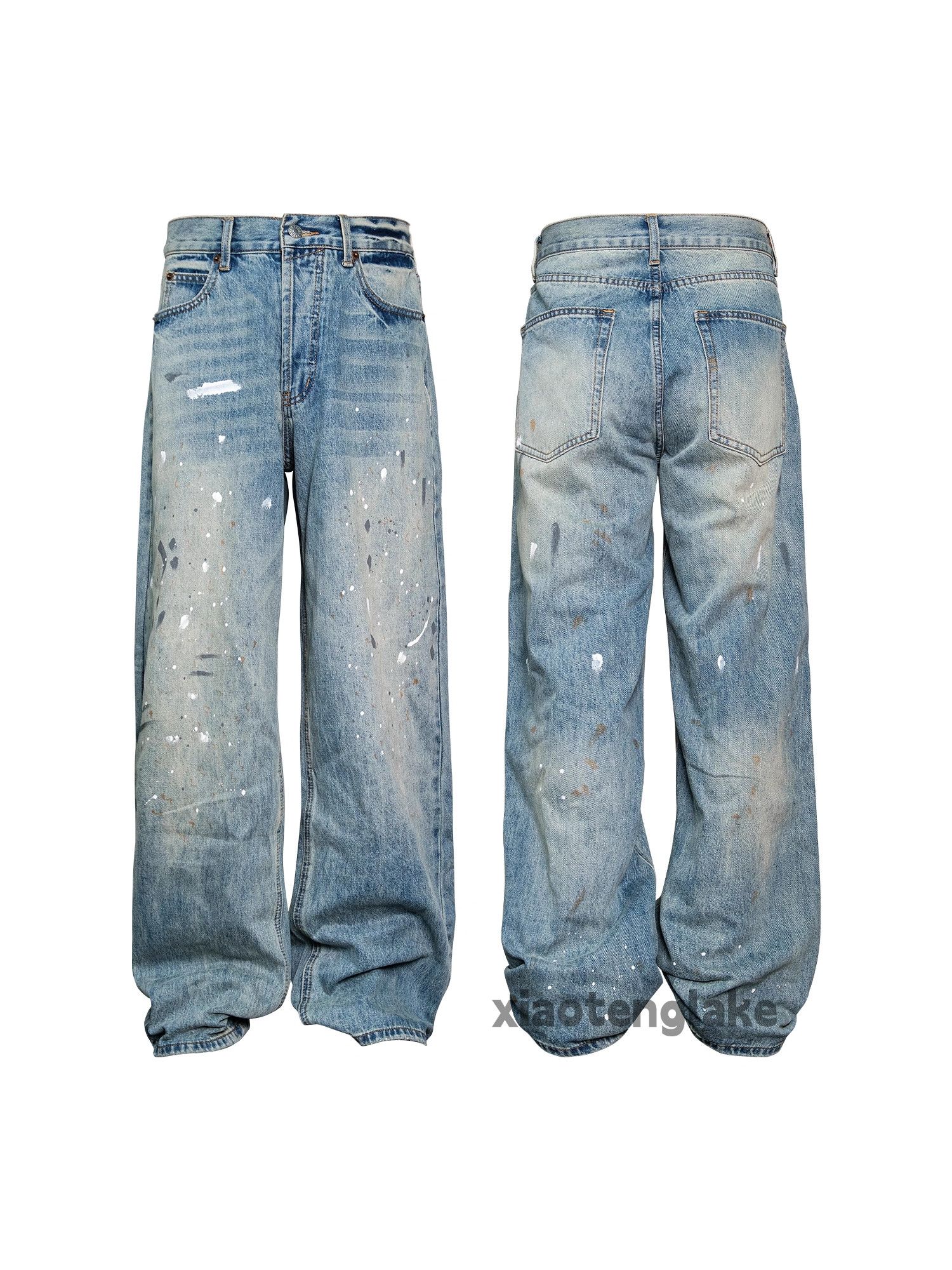 Jean Unisex washed retro faded loose baggy stain paint jeans Size 32" / US 10 / IT 46 - 2 Thumbnail