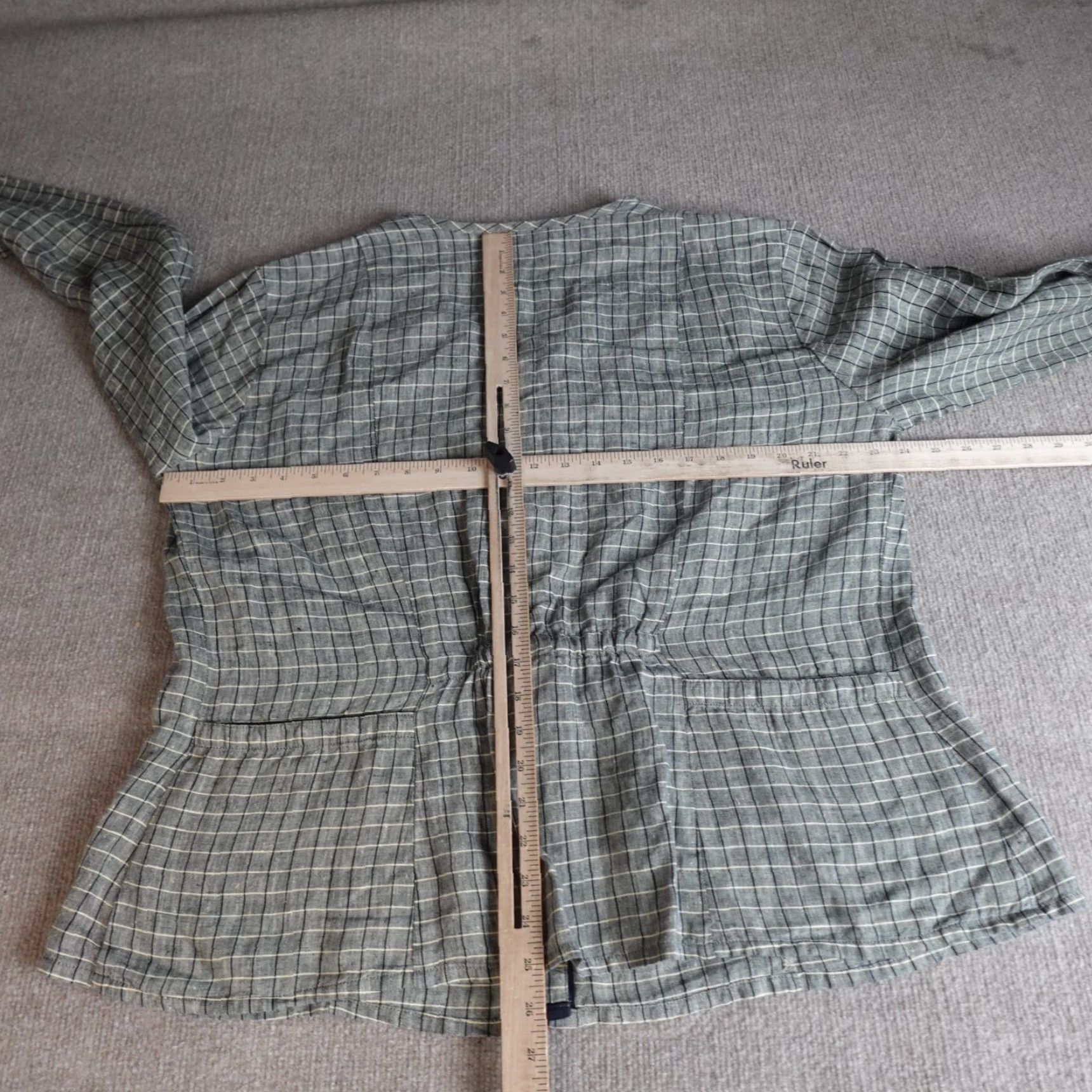 FLAX FLAX Womens Top L Gray Plaid 100% Linen Back Pockets Collarless Snap Shirt Size L / US 10 / IT 46 - 4 Thumbnail