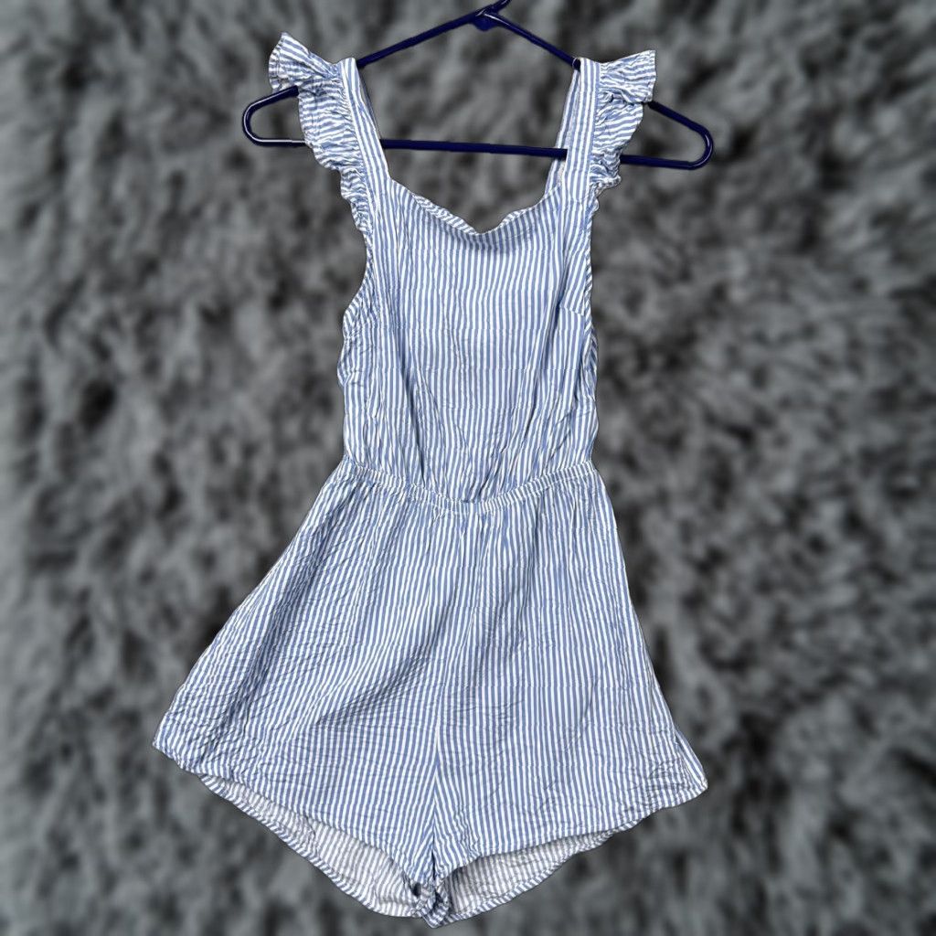 H&M H&M Romper Women XS Striped Blue Viscose One-Piece Sleeveless Back Cutout Ruffles Coastal Coquette Cottagecore Casual Size 26" / US 2 / IT 38 - 1 Thumbnail
