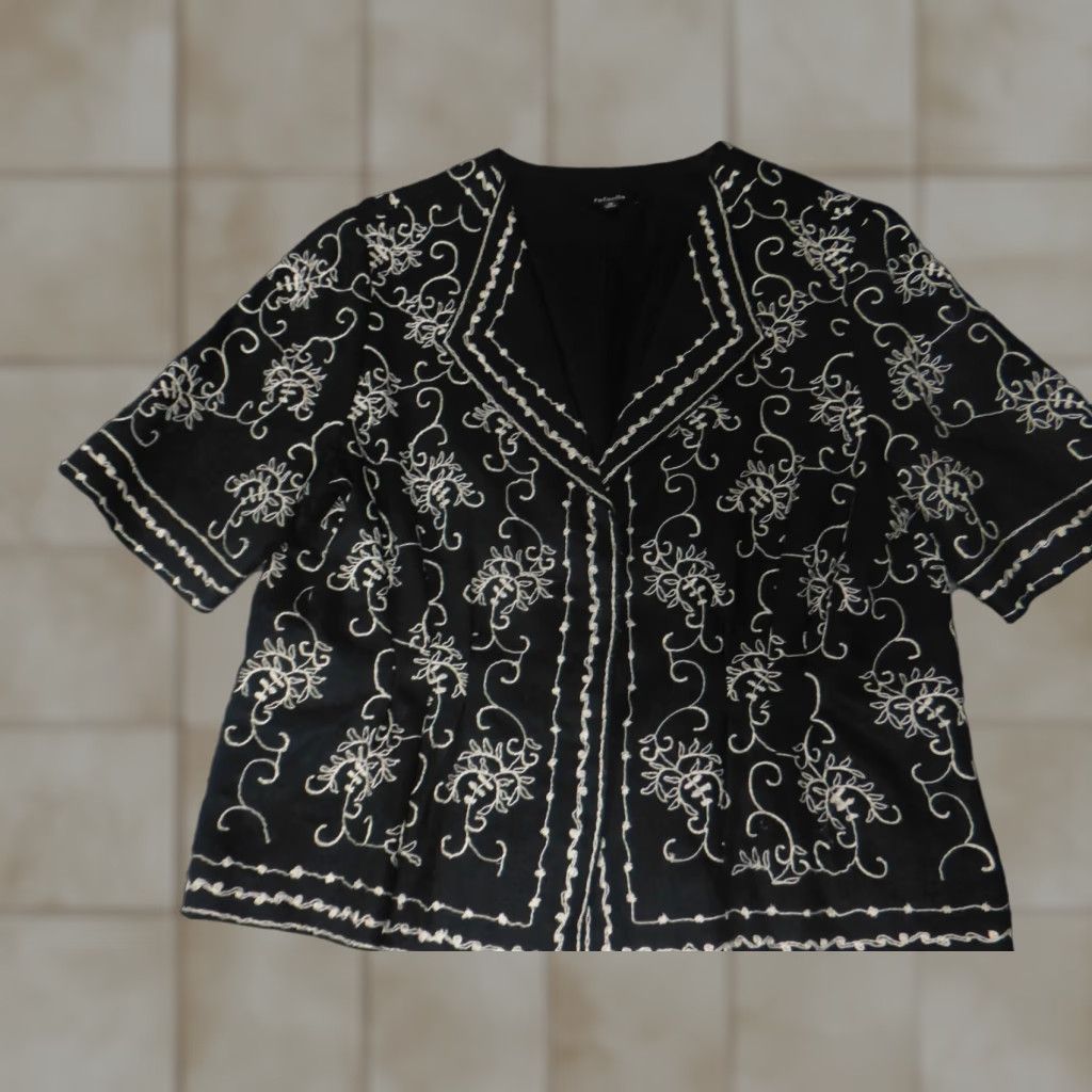 Vintage Rafaella Womens Jacket 14 Black Floral Knit Linen Snap Embroidered Collared Casual Mid-Length Autumn Fall 14 Womens Regular Girls Mens Size XL / US 12-14 / IT 48-50 - 1 Thumbnail