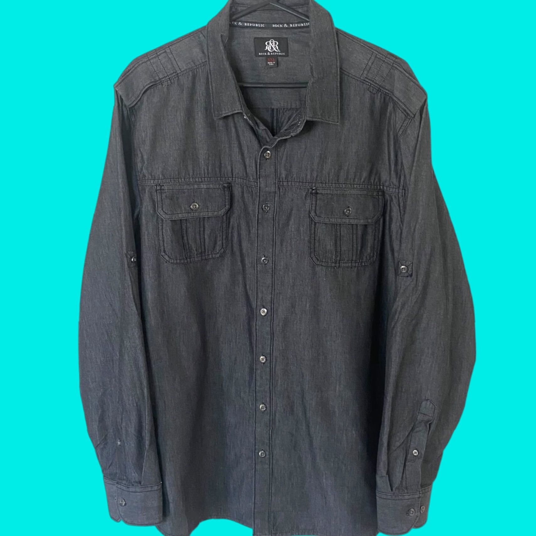 Vintage VINTAGE Rock & Republic Button Up Shirt Men 2XL Denim Long Sleeve Black Gothic Rock Pocketed 2 Chest Pockets Mens XXL Button-Front Shirt Size US XXL / EU 58 / 5 - 1 Thumbnail