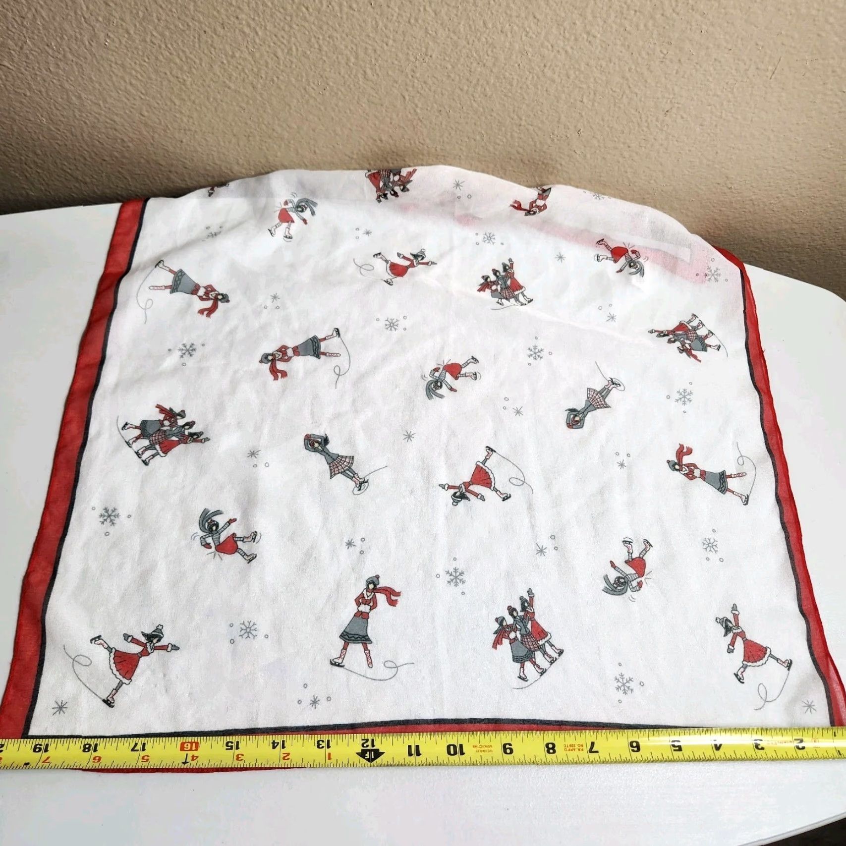 Vintage Winter Scene Iceskating Snowflakes 100% Polyester Square Scarf-20x20" Ivory Red Women Scarf Winter Chiffon Square Size ONE SIZE - 7 Thumbnail