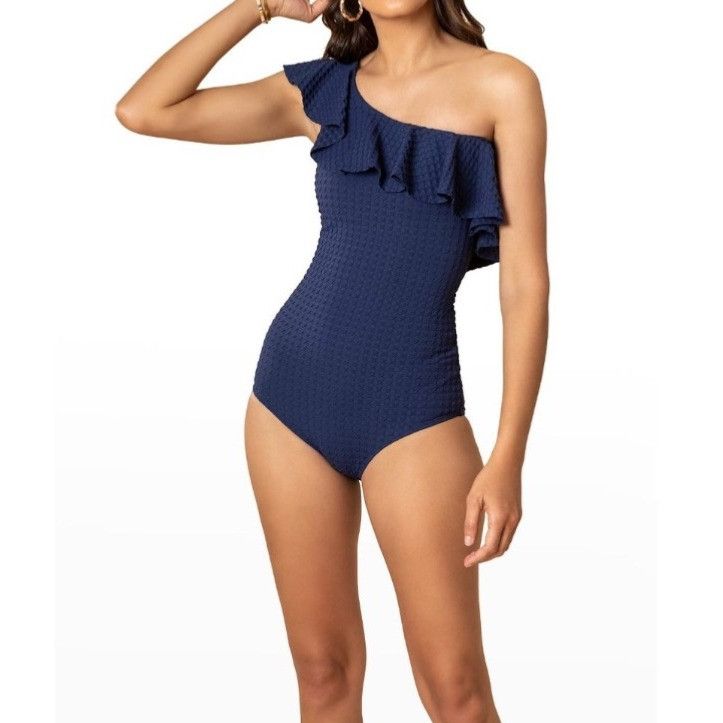 Image of Shohoku Shoshanna Ruffle One Shoulder Swimsuit Size 4 New Navy, Women's