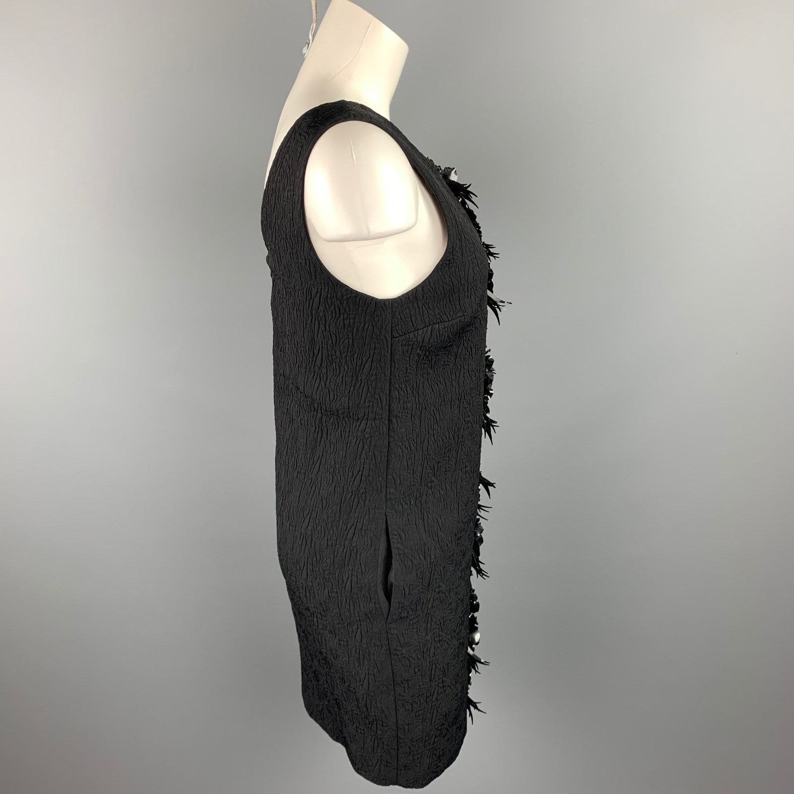 Size 6 Black Jacquard Embellished Viscose Blend Shift Dress