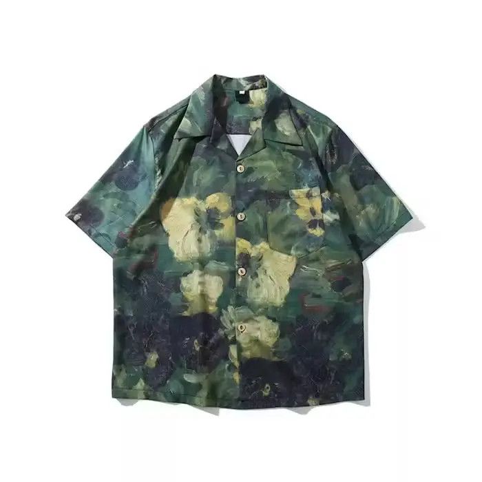 image of Vintage Floral Design Multi Color Button Up Shirt in Green Shades, Men's (Size XL)