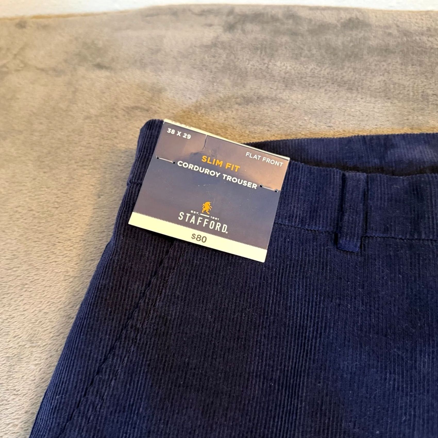 Stafford Stafford Slim Fit Corduroy Trousers Navy Blue Flat Front Pants Mens 38x29 NWT Size US 38 / EU 54 - 2 Thumbnail