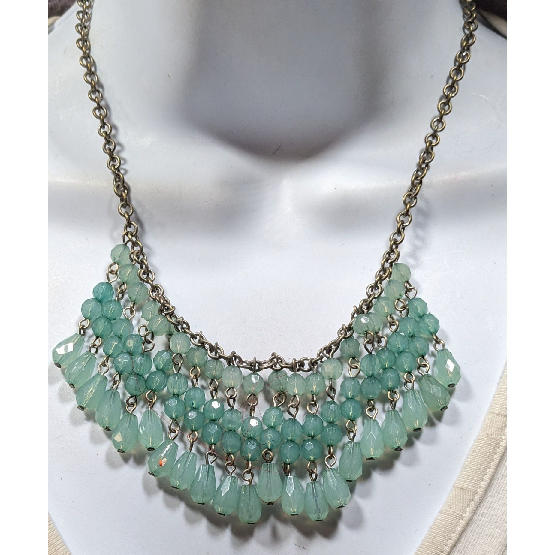 Other Bohemian Fringe Aqua Beaded Bib Necklace With Antiqued Gold Size ONE SIZE - 4 Thumbnail