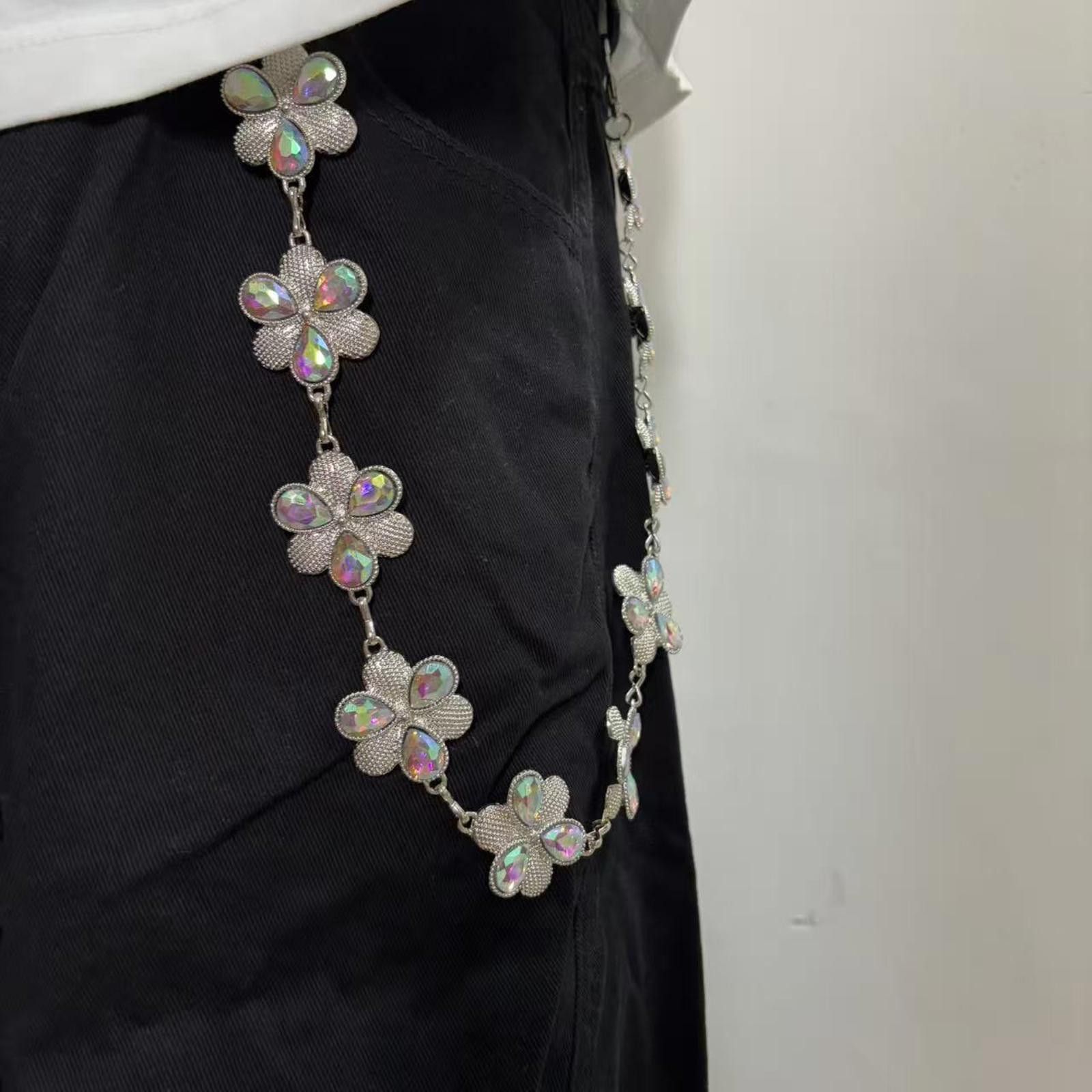 Jewelry Silver Floral Chain Wallet with Iridescent Stones Size ONE SIZE - 1 Thumbnail