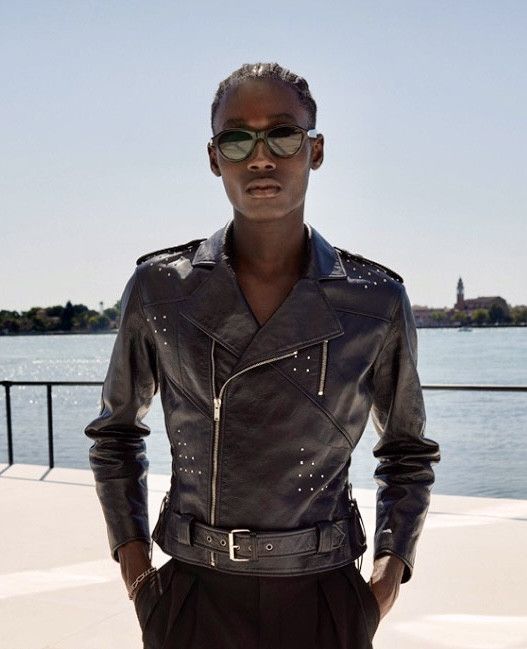 image of Saint Laurent Paris x YVES Saint Laurent Studded Leather Biker Jacket in Black, Men's (Size Medium)