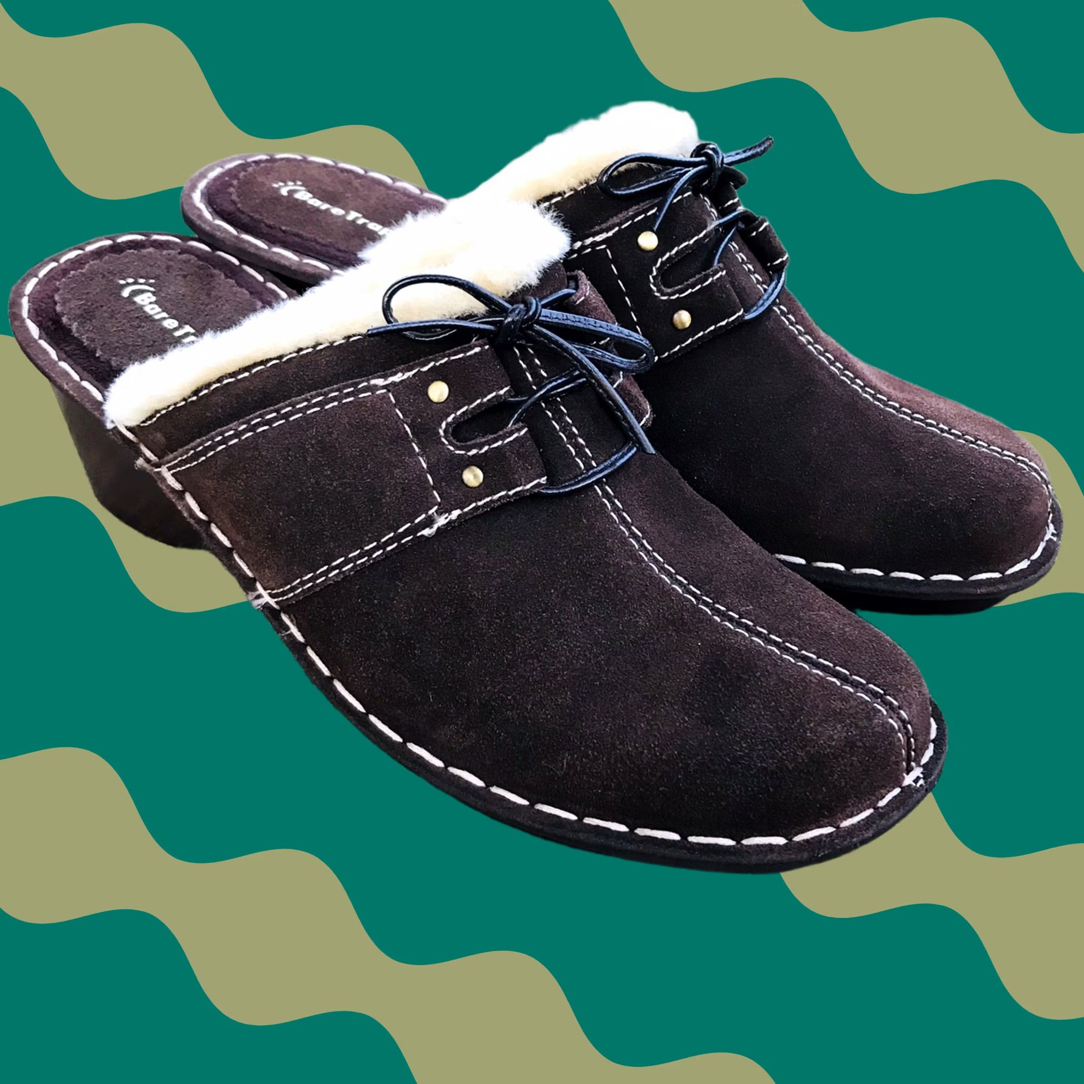 Vintage Baretraps Women Decoy Brown Suede Faux Fur Trim Open Back Slip-On Block Heel Mules Clogs 9M Size US 9 / IT 39 - 1 Thumbnail