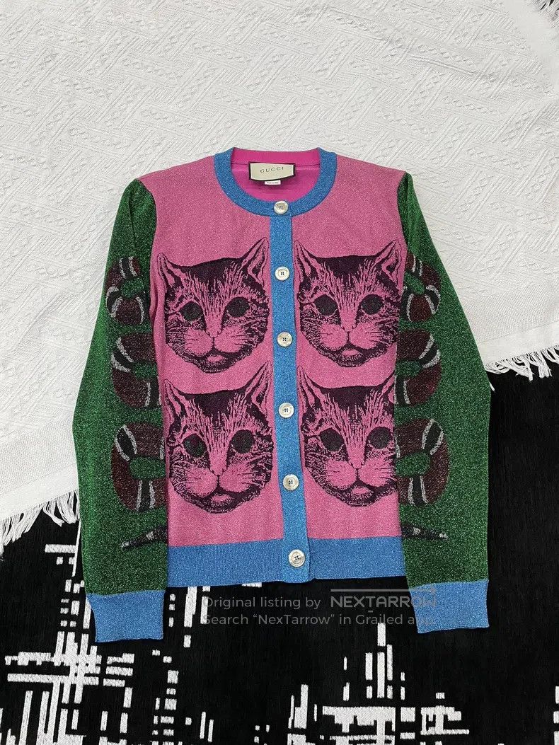 Gucci Gucci Pink and green cat cardigan coat Size M / US 6-8 / IT 42-44 - 1 Thumbnail