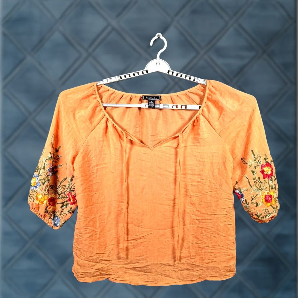 Vintage NYCC Cropped Top Women's 1X Orange Rayon Embroidered Peasant Balloon Sleeve Size XL / US 12-14 / IT 48-50 - 1 Thumbnail