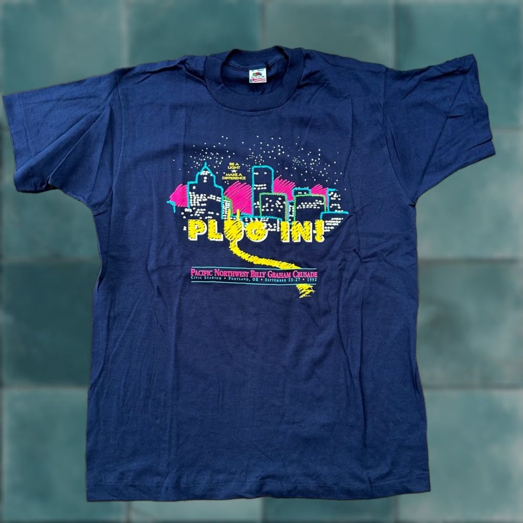 Fruit Of The Loom VINTAGE Fruit of the Loom T-Shirt Navy XL Men Crew Neck Short Sleeve 90s Plug In City PDX Oregon 1992 VTG Electricity Fun Running Difference Size US XL / EU 56 / 4 - 1 Thumbnail