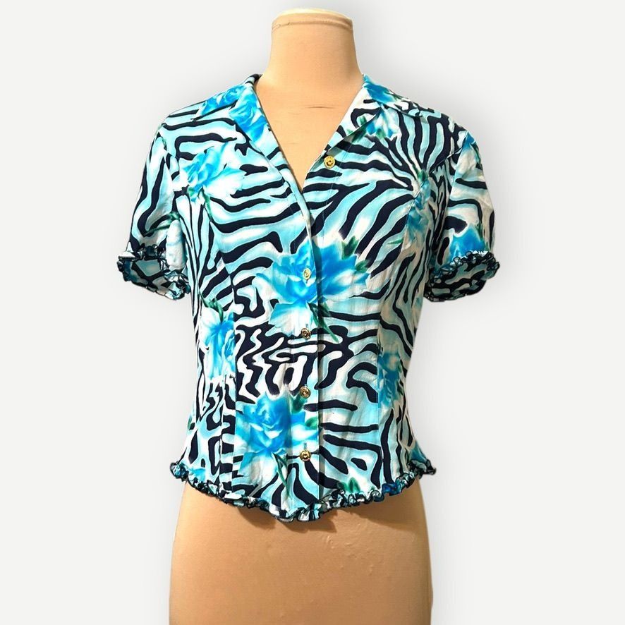 Escada Escada Silk Blouse IT 34 US 4 Blue Abstract Print Gold Butto Size S / US 4 / IT 40 - 3 Thumbnail