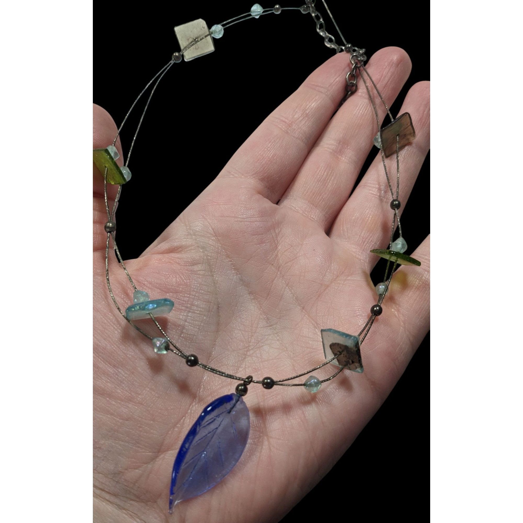 Handmade Handcrafted Necklace With Blue Glass Leaf Pendant & Green Ac Size ONE SIZE - 3 Thumbnail