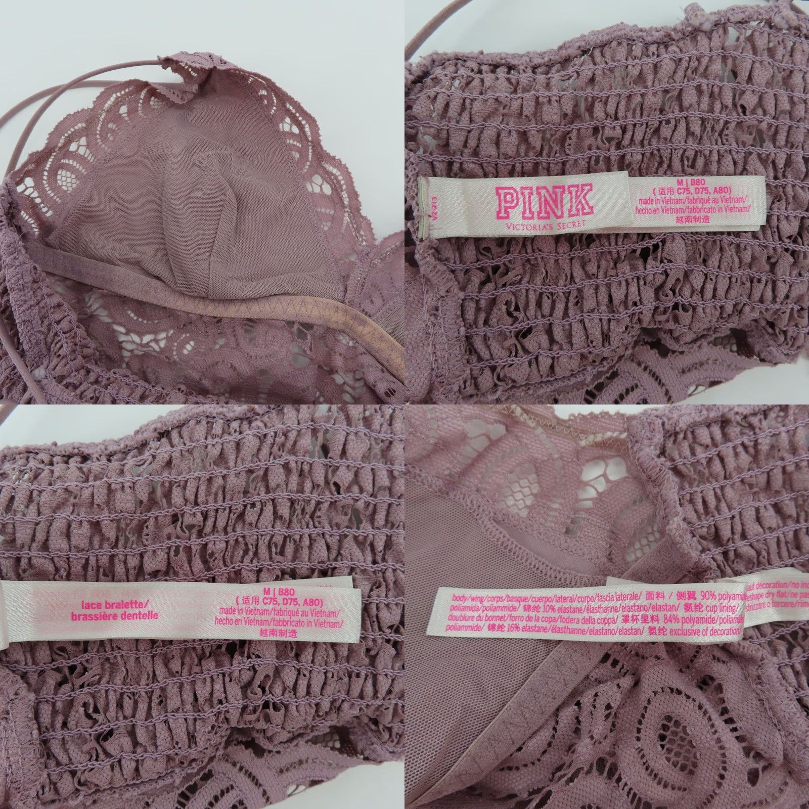 Vintage PINK Victorias Secret Bra Bralette Wireless Lined Strappy Medium Purple One Size M Womens Size ONE SIZE - 8 Thumbnail