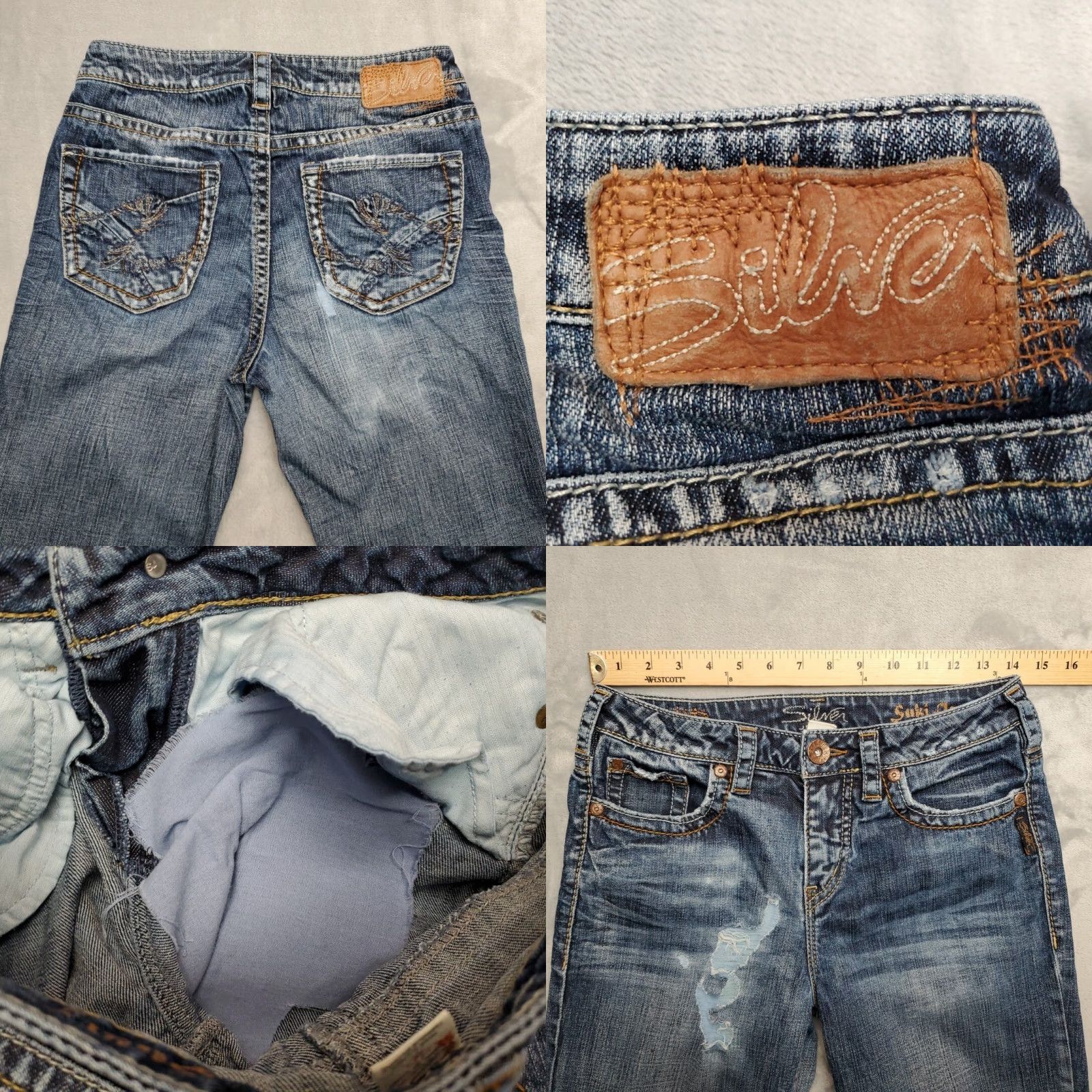 Silver Jeans Co. VINTAGE Silver Jeans Womens Jeans Flared 28x35 Blue Denim Distressed Suki Thick Stitch USA Adults Womens Size 28" / US 6 / IT 42 - 8 Thumbnail