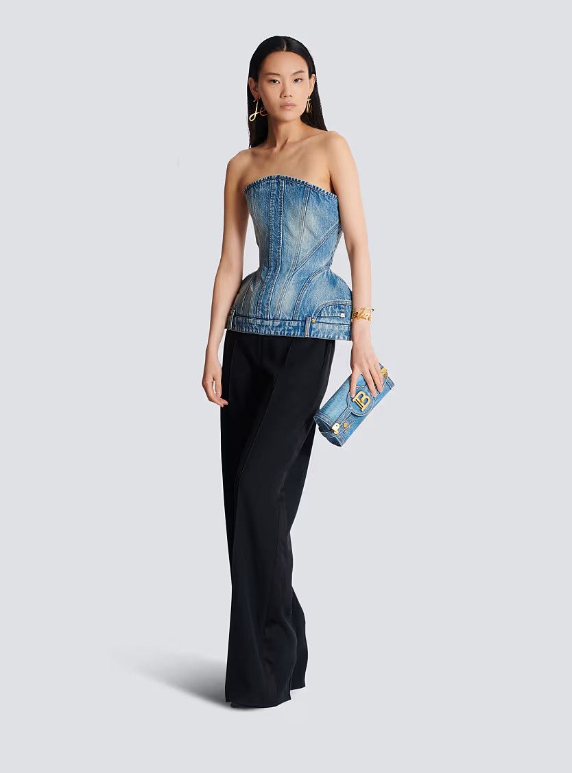 Balmain o1s1wg111225 Structured Denim Bustier in Blue Size L / US 10 / IT 46 - 3 Thumbnail