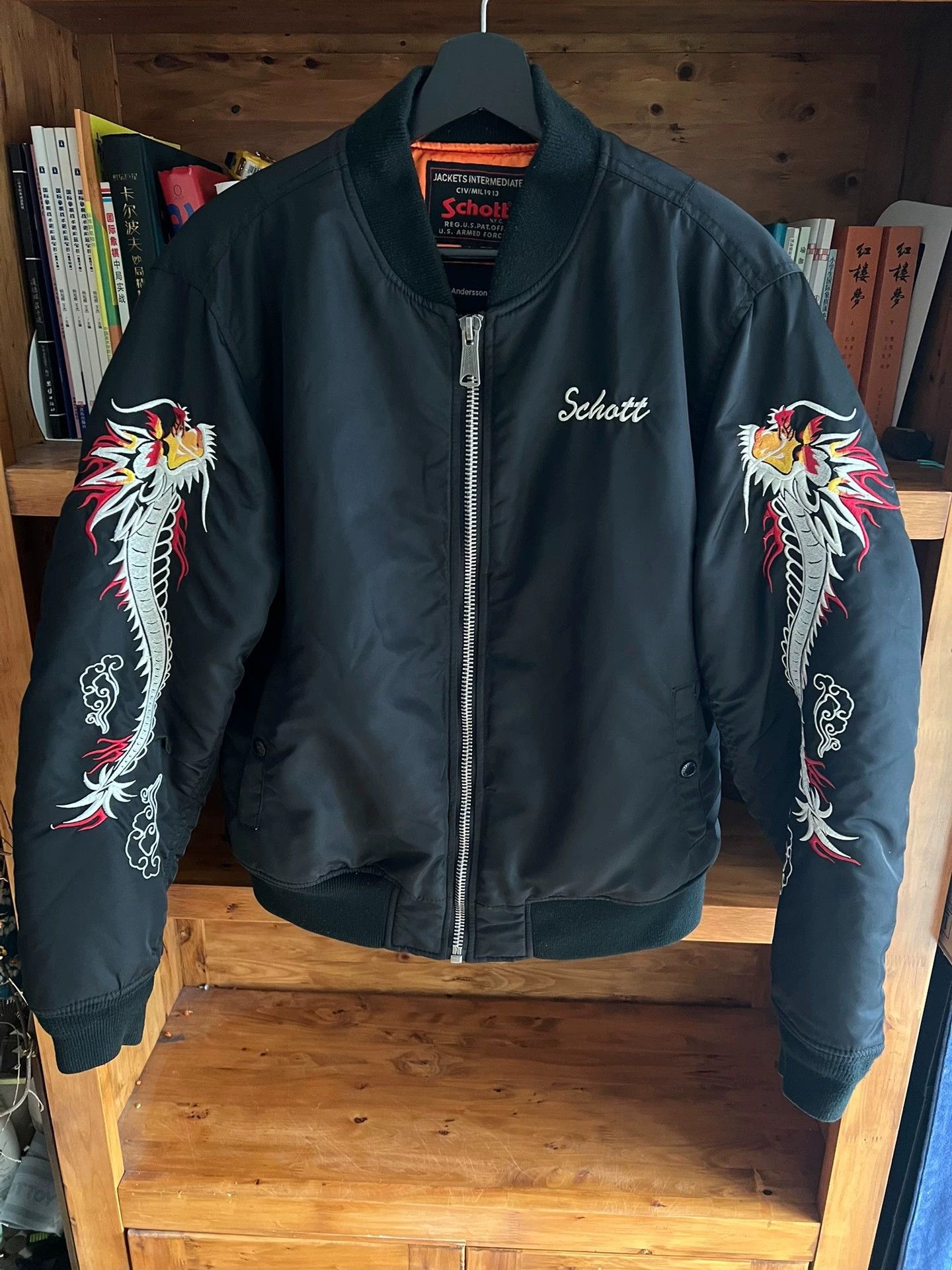 Schott x Anderson Bell MA1 Embroidered Dragon Black L Jkt