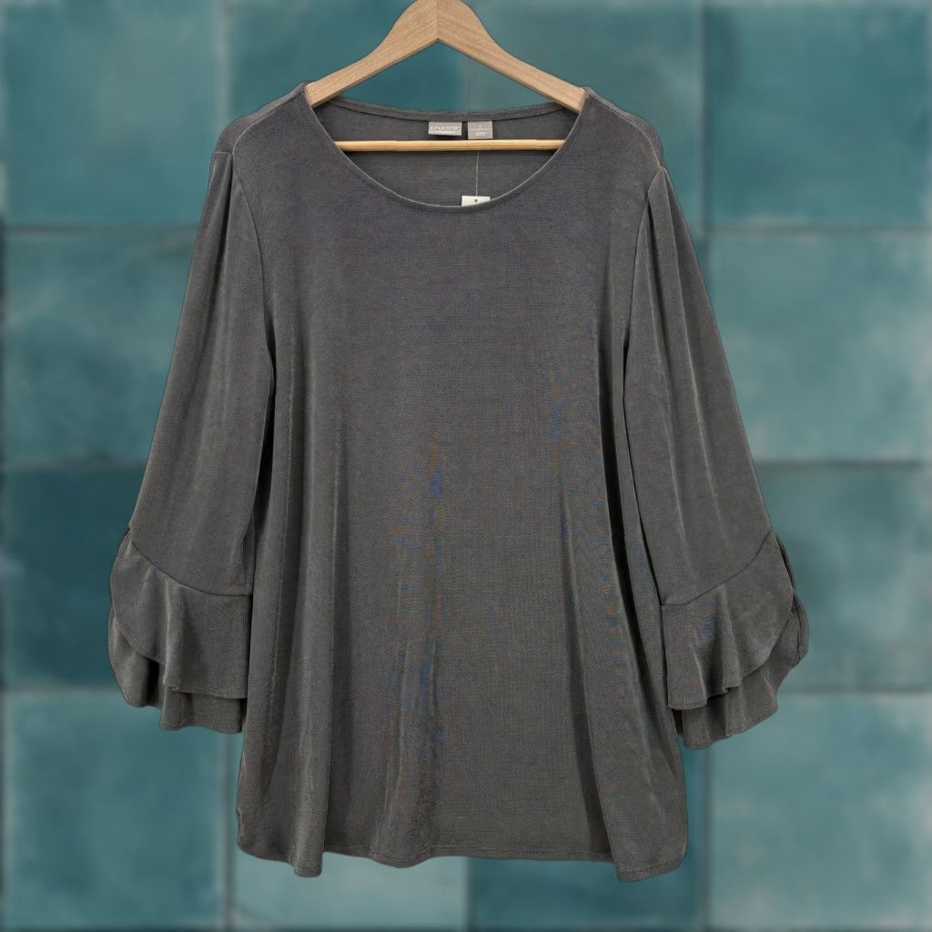 Vintage Chico's Blouse Womens L Gray Bell Sleeve Scoop Neck Knit Travel Stretch Jersey Relaxed Ruffle Solid Pattern Vintage No Size L / US 10 / IT 46 - 1 Thumbnail