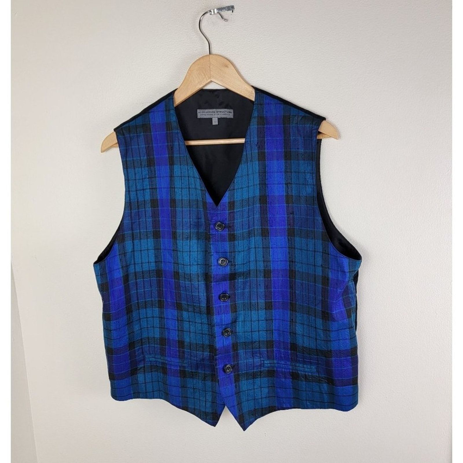 Vintage Le Collezioni Structure Plaid Silk Vest size L Blue Italy Size 40R - 9 Thumbnail