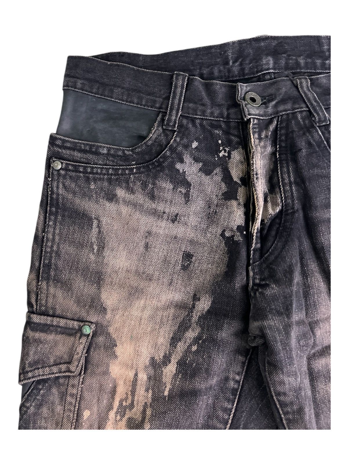 5351 POUR LES HOMMES Y2K Super Flare Dirty Bleach Leather Cargo Mud Wash Jeans Size US 28 / EU 44 - 9 Thumbnail