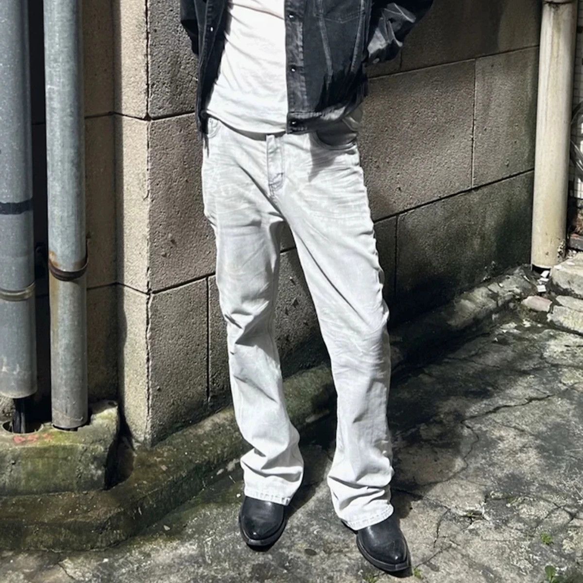 High Street Washed Waxed Baggy Bootcut Flare Jeans