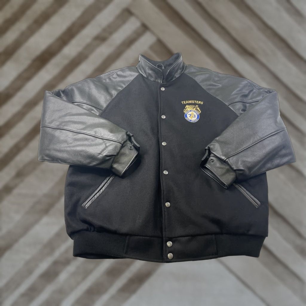 Vintage VINTAGE Teamster Varsity Jacket Wool Leather Mens XL Black USA Embroidered Logo Insulated Lined Button Front Size US XL / EU 56 / 4 - 1 Thumbnail