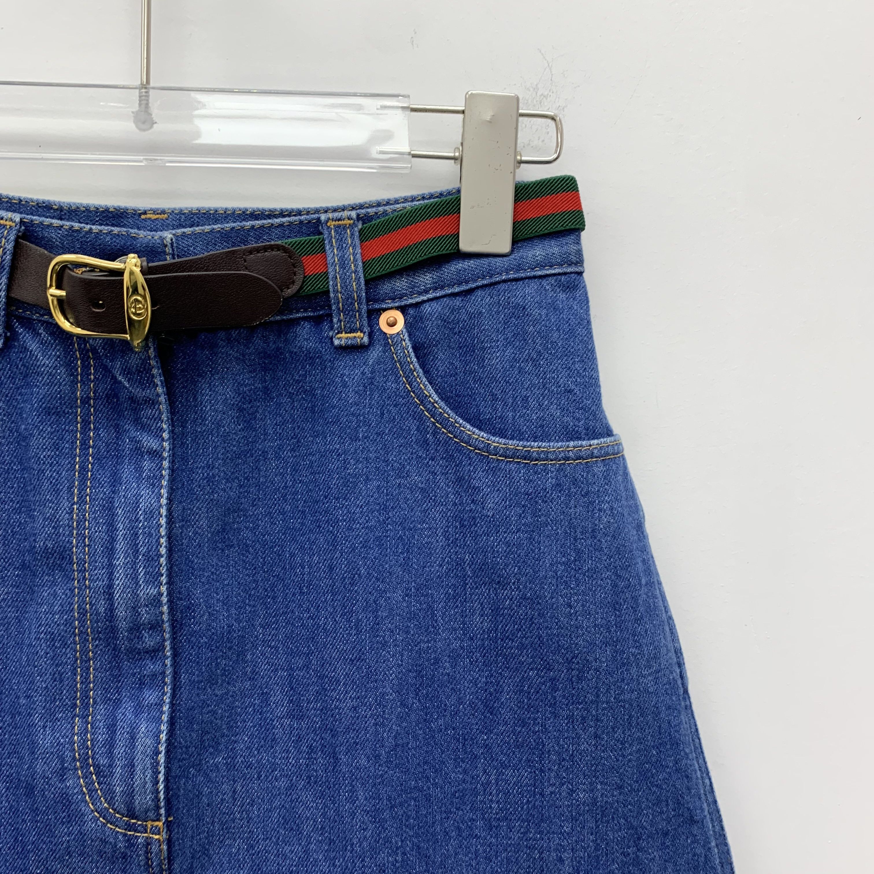 Gucci Gucci Blue Cotton Denim Skirt with Web Stripe Belt (Size XS) Size 25" / US 0 / IT 36 - 7 Thumbnail